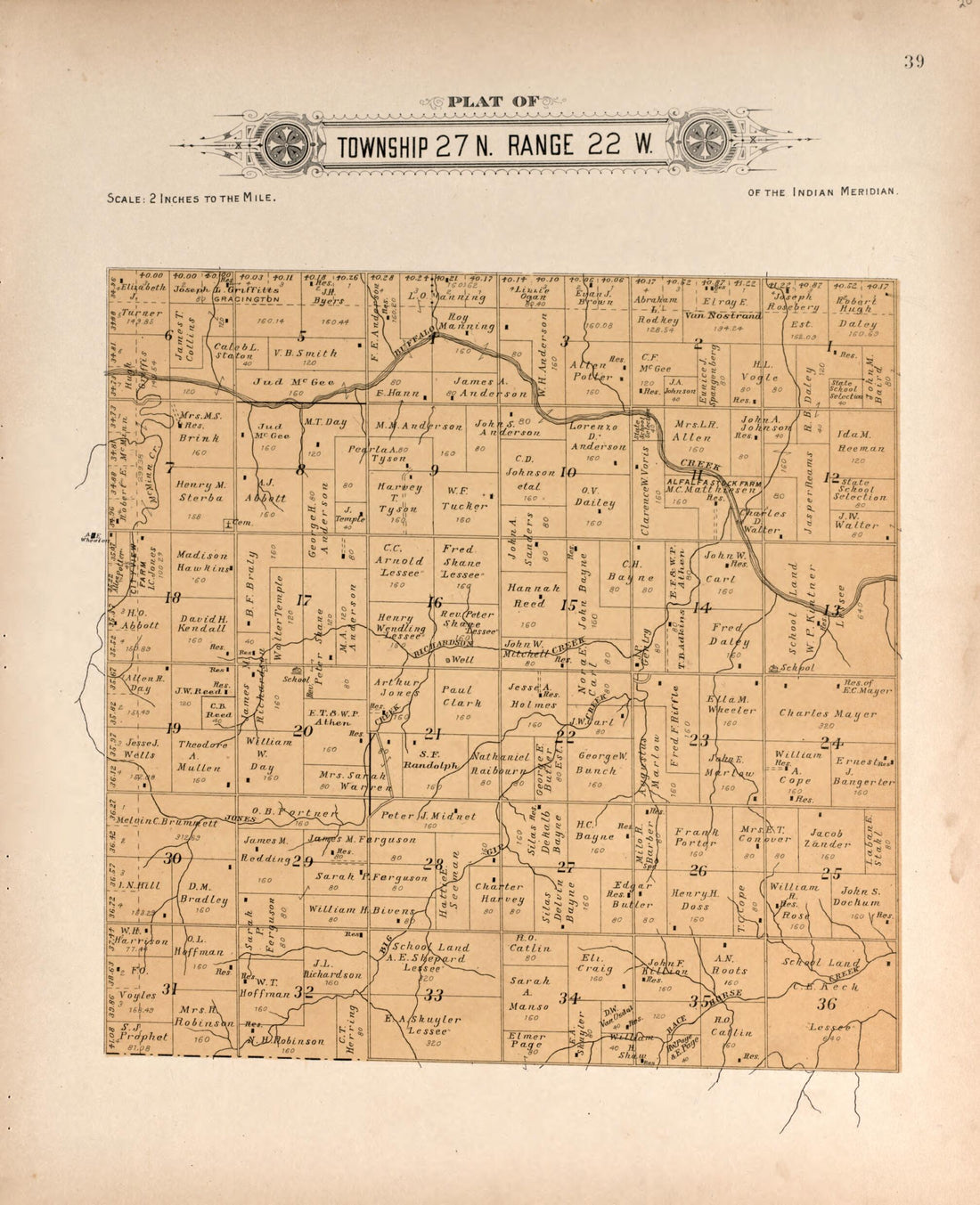 This old map of Township 27 Range 22 W from Plat Book of Harper County, Oklahoma from 1910 was created by Kan.) Western Publishing Co. (Ashland in 1910