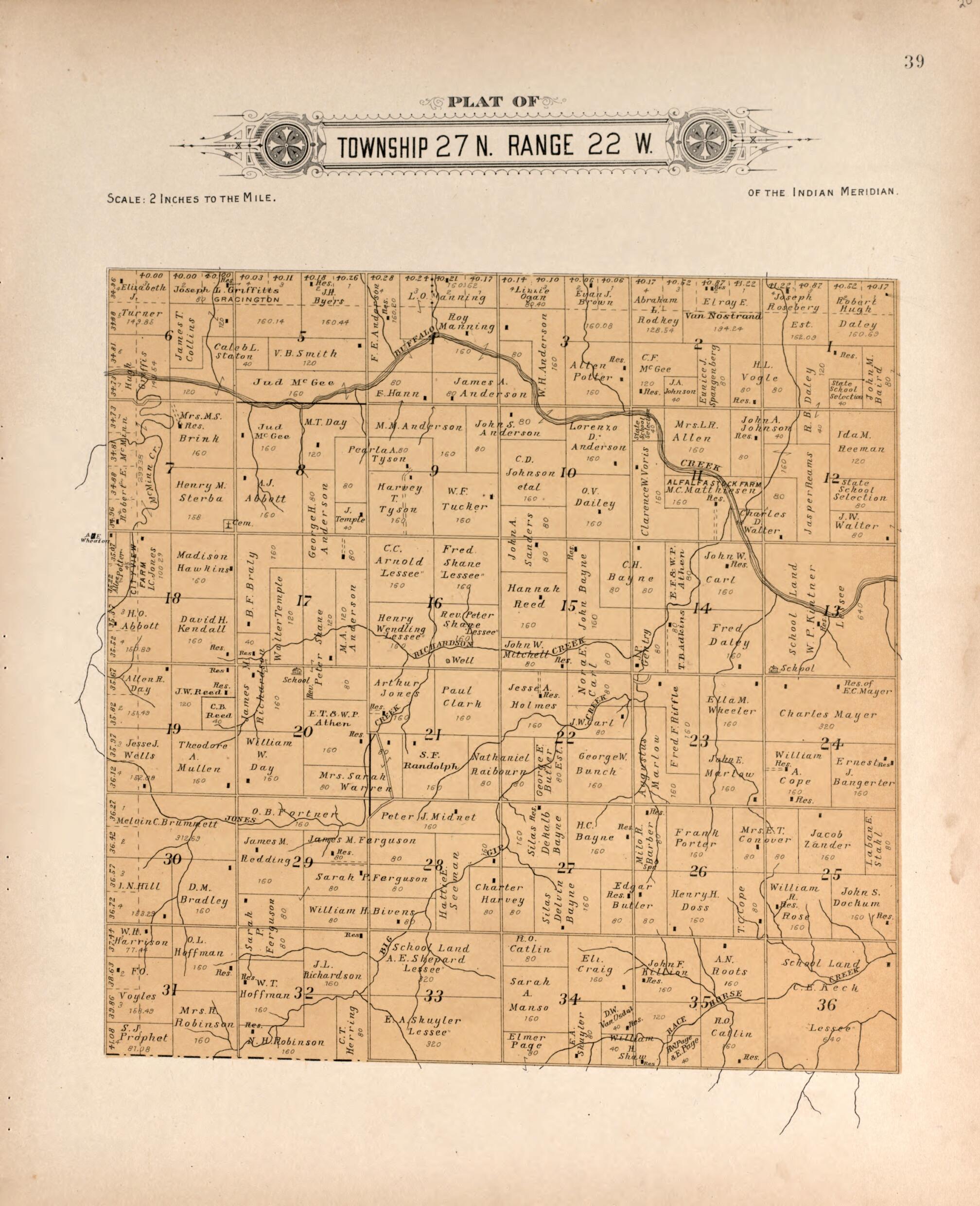 This old map of Township 27 Range 22 W from Plat Book of Harper County, Oklahoma from 1910 was created by Kan.) Western Publishing Co. (Ashland in 1910
