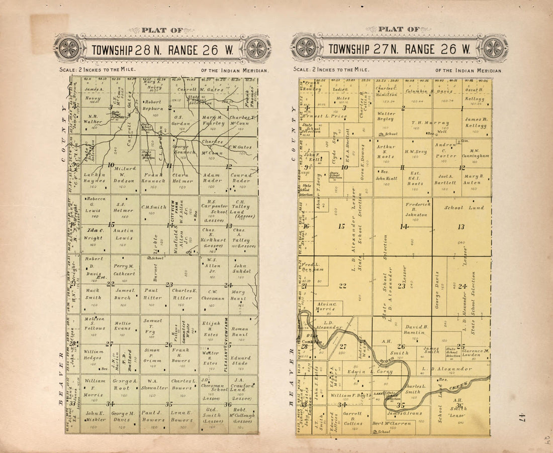 This old map of Township 27 and Township 28 Range 26 W from Plat Book of Harper County, Oklahoma from 1910 was created by Kan.) Western Publishing Co. (Ashland in 1910