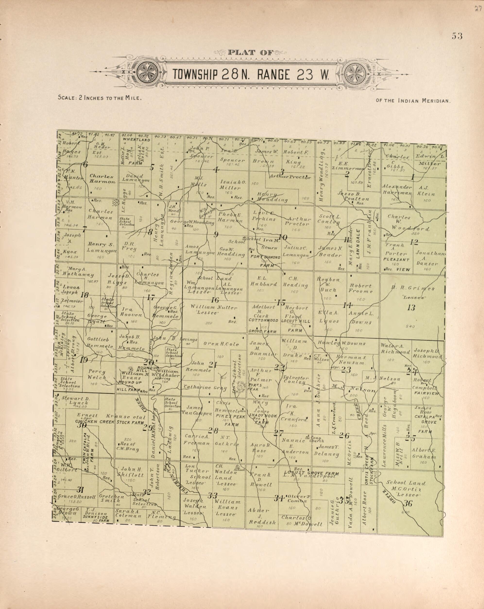 This old map of Township 28 Range 23 W from Plat Book of Harper County, Oklahoma from 1910 was created by Kan.) Western Publishing Co. (Ashland in 1910