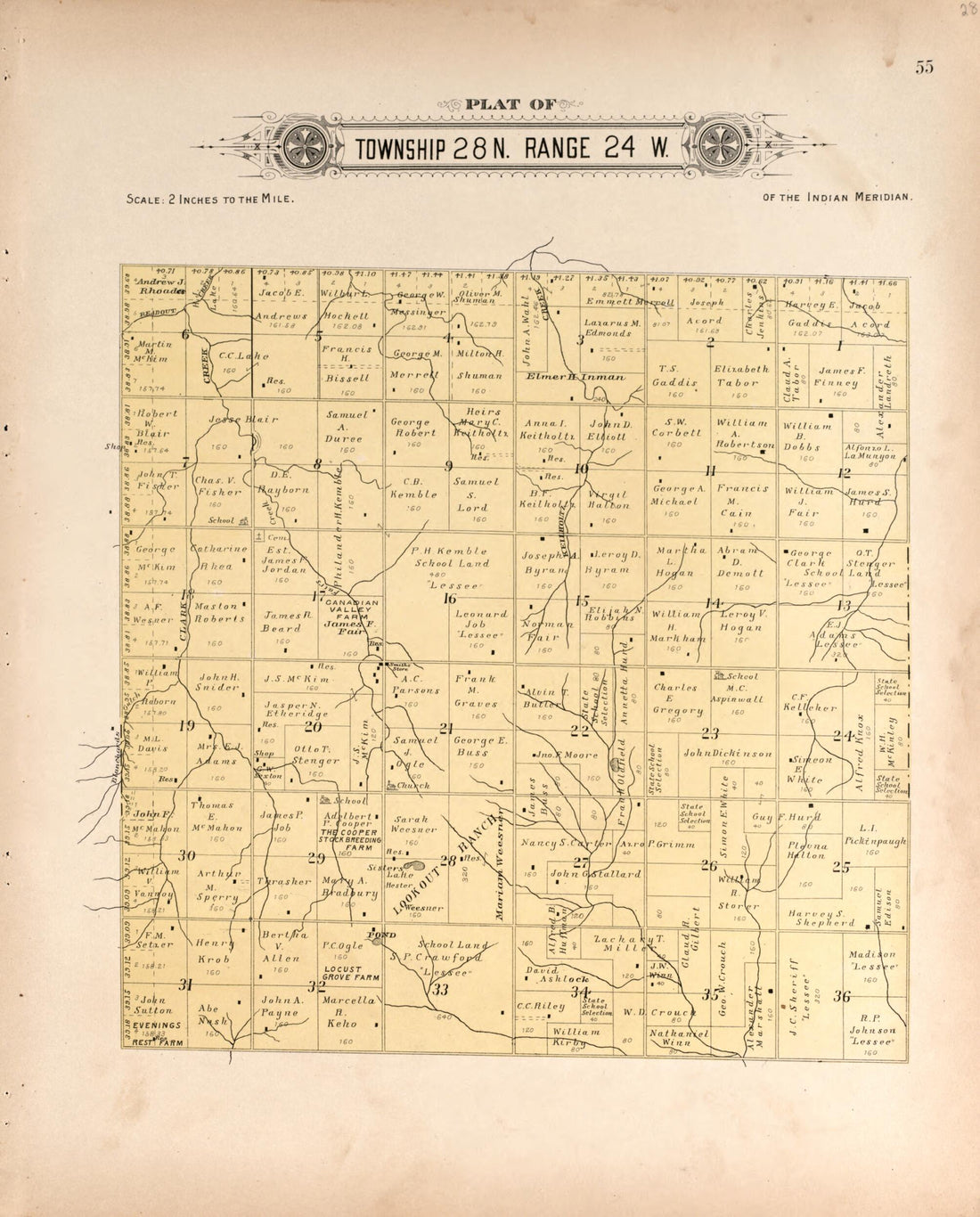 This old map of Township 28 Range 24 W from Plat Book of Harper County, Oklahoma from 1910 was created by Kan.) Western Publishing Co. (Ashland in 1910
