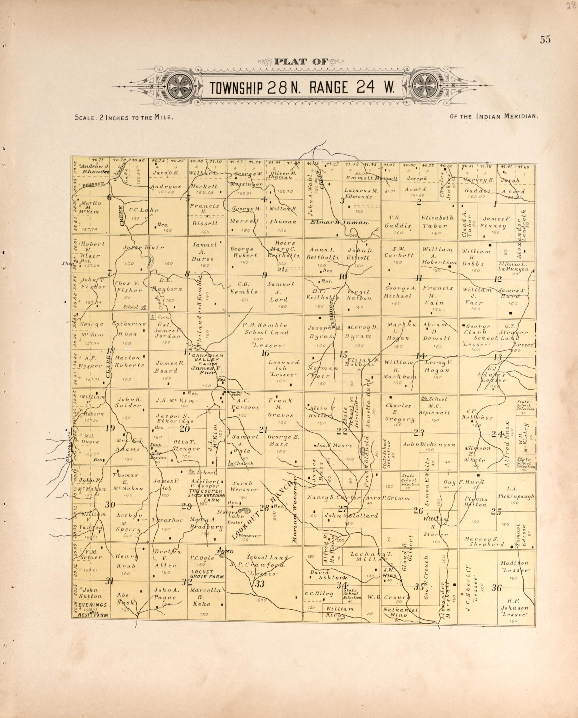 This old map of Township 28 Range 24 W from Plat Book of Harper County, Oklahoma from 1910 was created by Kan.) Western Publishing Co. (Ashland in 1910