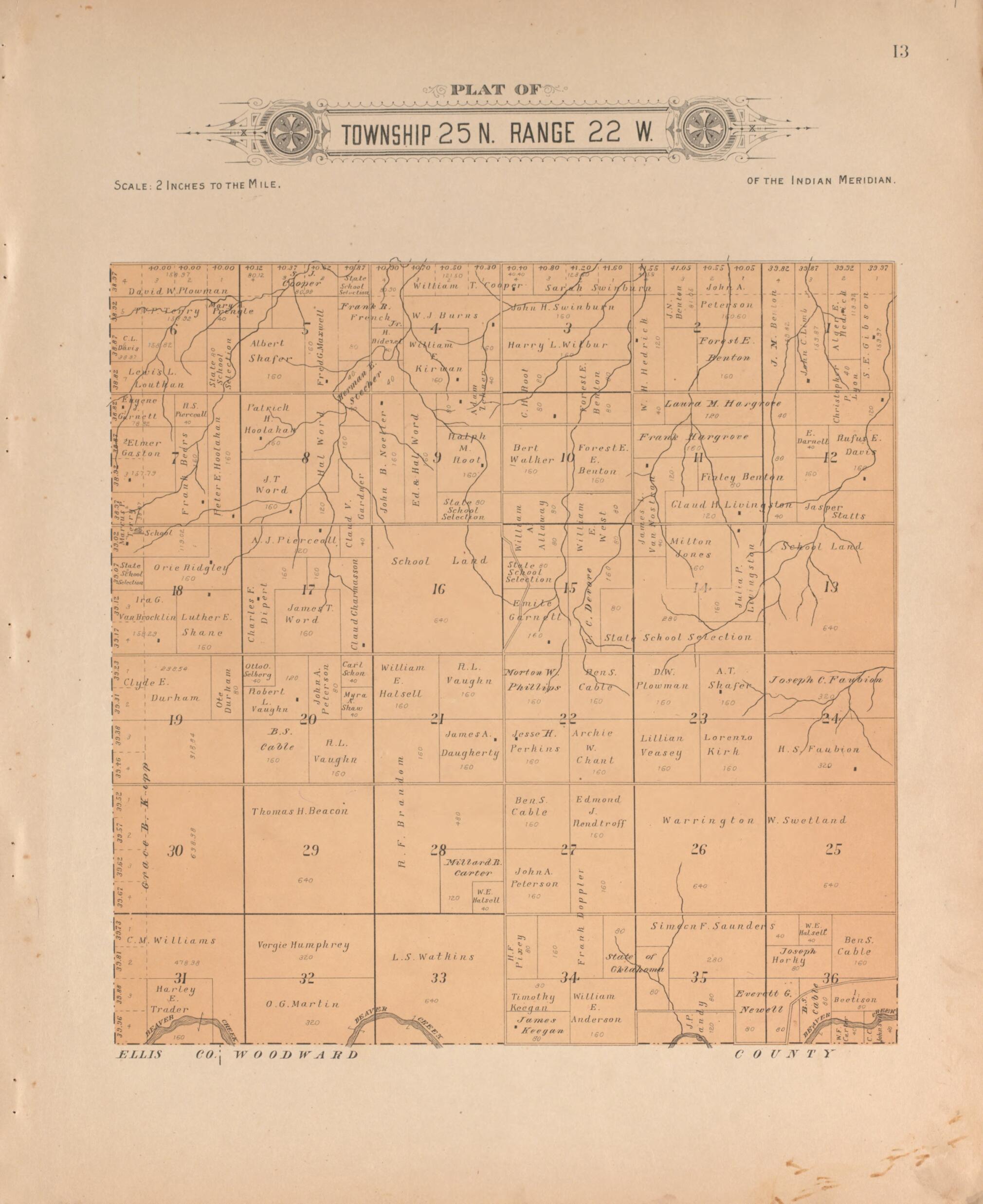 This old map of Township 25 Range 22 W from Plat Book of Harper County, Oklahoma from 1910 was created by Kan.) Western Publishing Co. (Ashland in 1910