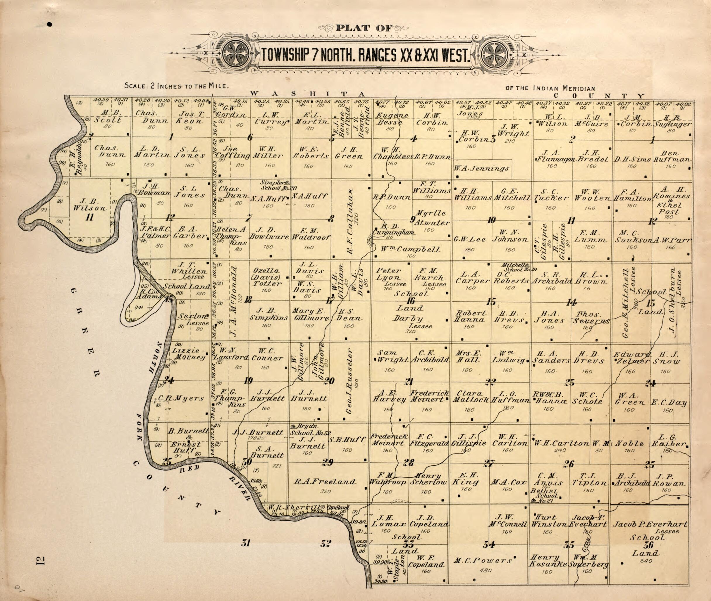 This old map of Township 7 North Range XX and XXI from Plat Book of Kiowa County, Oklahoma from 1913 was created by W. (William) Wangersheim in 1913