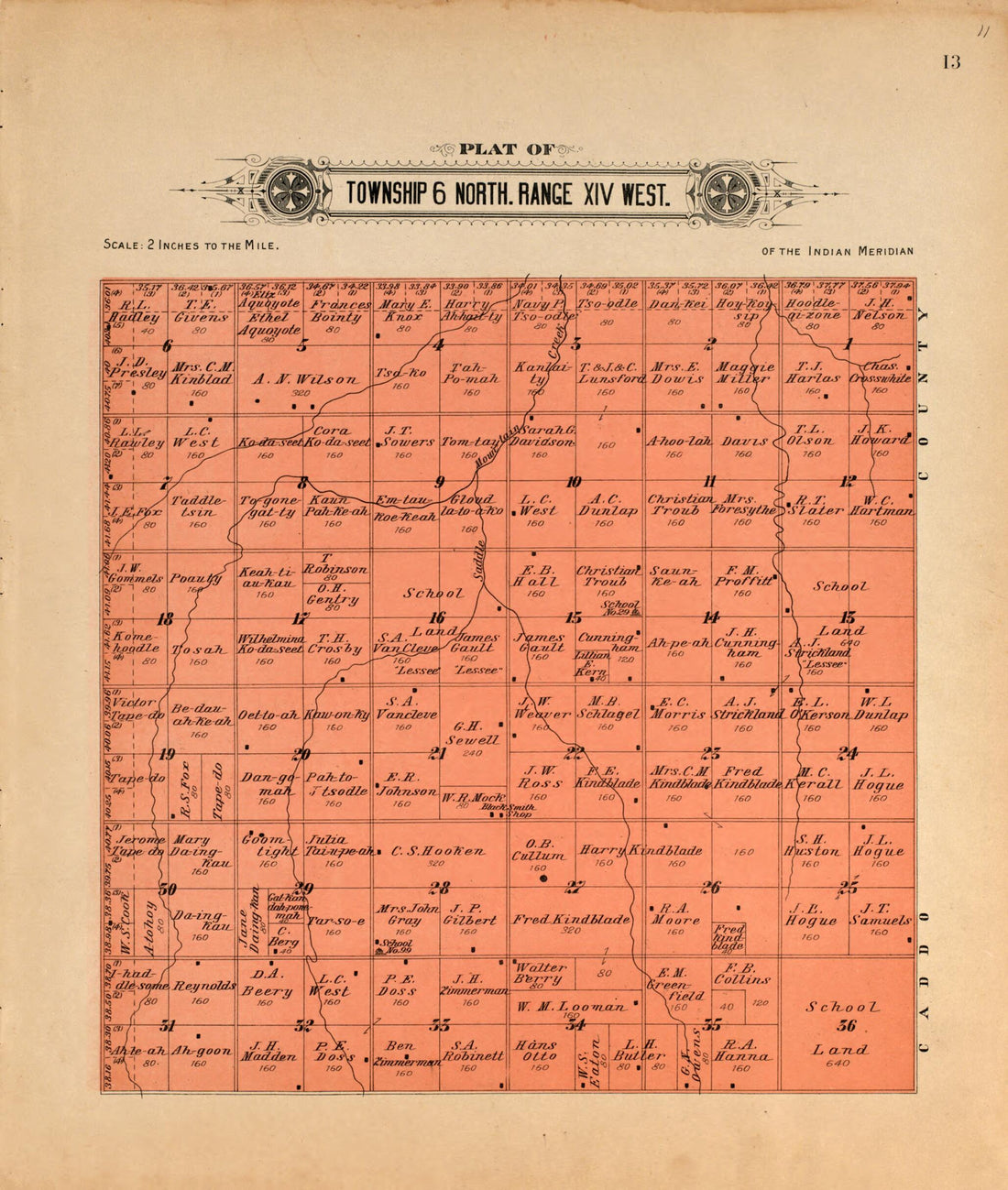 This old map of Township 6 North Range XIV West from Plat Book of Kiowa County, Oklahoma from 1913 was created by W. (William) Wangersheim in 1913