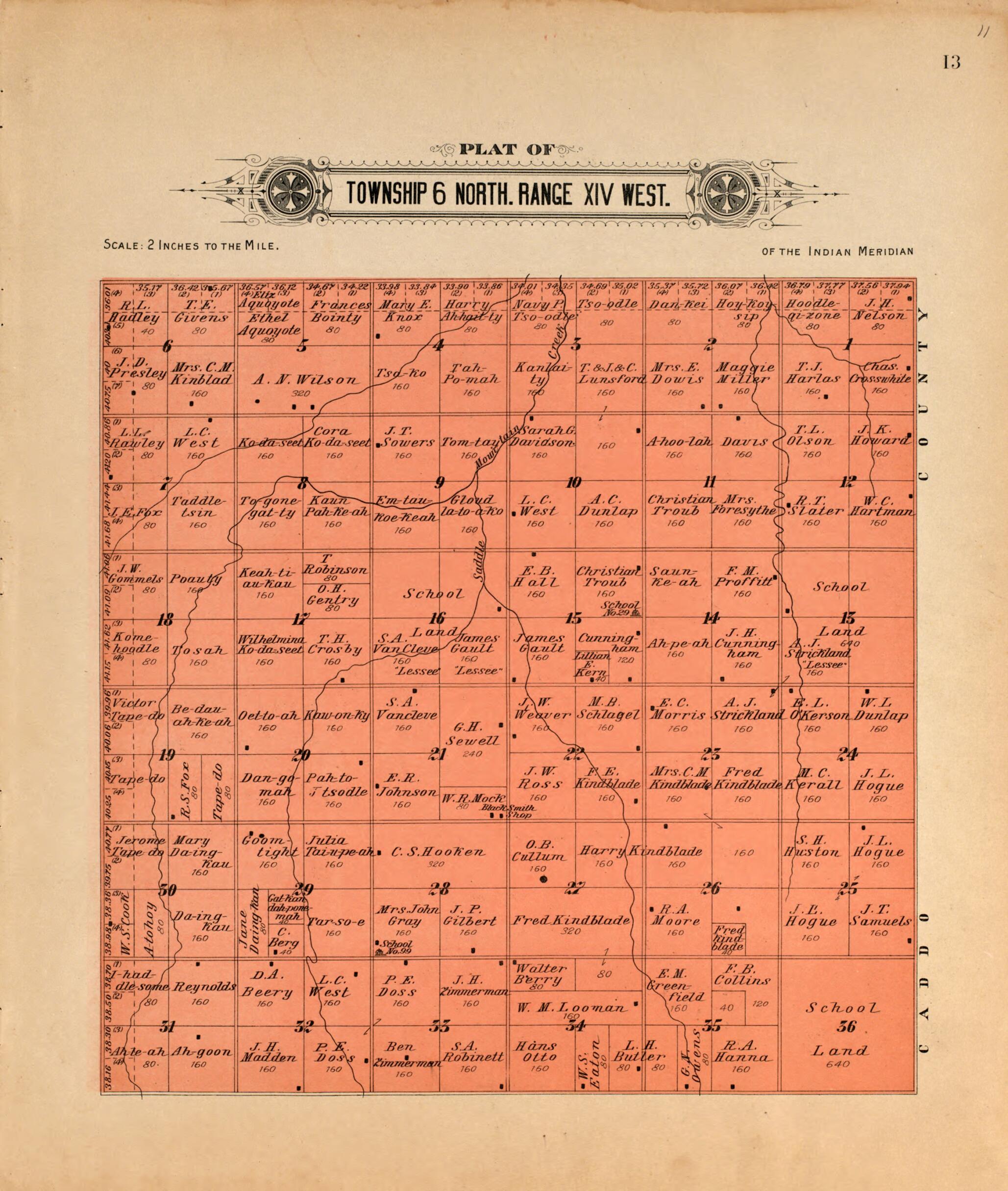 This old map of Township 6 North Range XIV West from Plat Book of Kiowa County, Oklahoma from 1913 was created by W. (William) Wangersheim in 1913