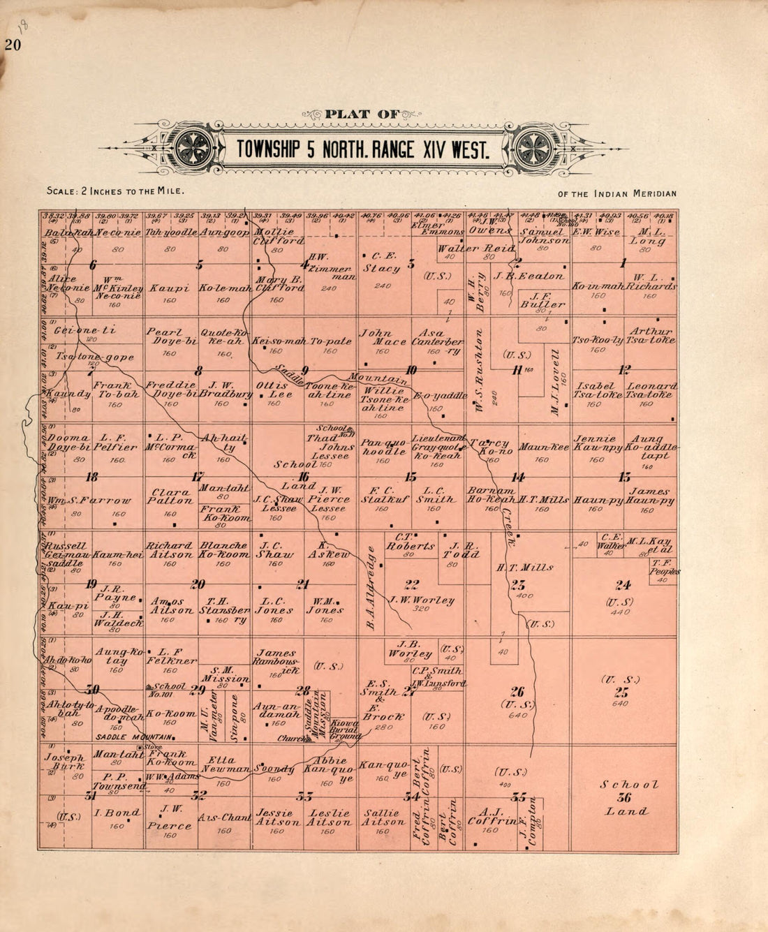 This old map of Township 5 North Range XIV West from Plat Book of Kiowa County, Oklahoma from 1913 was created by W. (William) Wangersheim in 1913