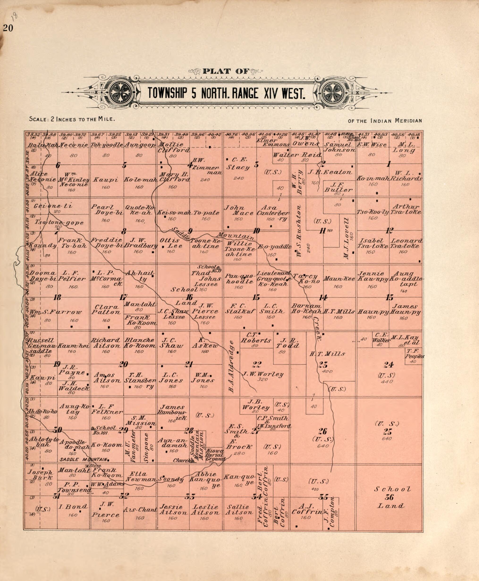 This old map of Township 5 North Range XIV West from Plat Book of Kiowa County, Oklahoma from 1913 was created by W. (William) Wangersheim in 1913