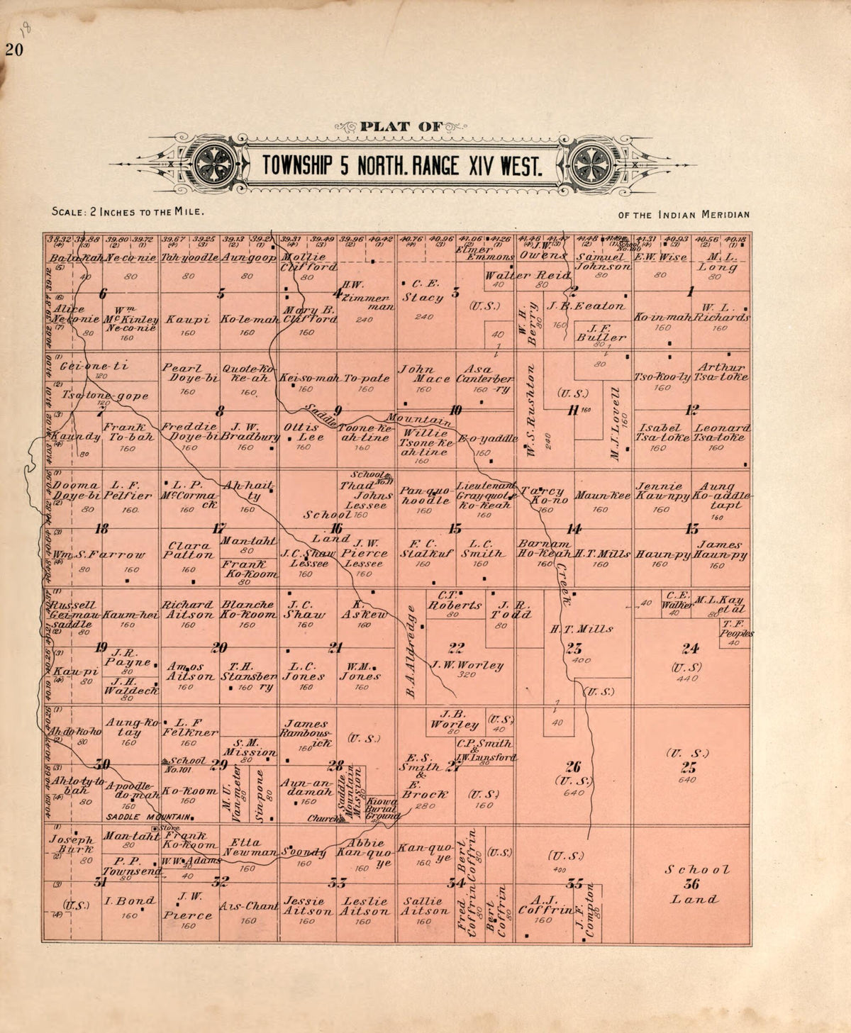 Township 5 North Range XIV West from Plat Book of Kiowa County, Oklahoma 1913 by Relic Map Company