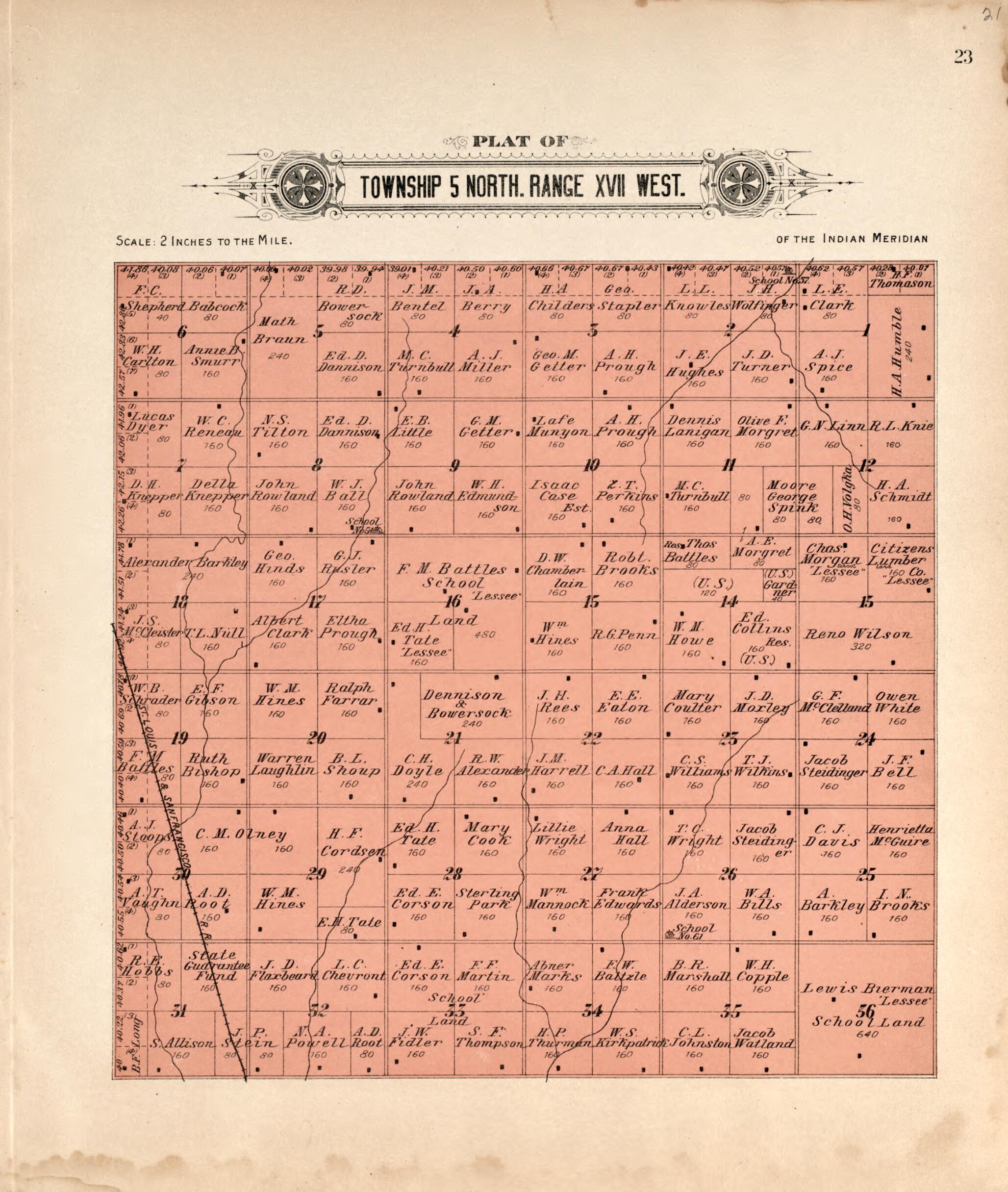 This old map of Township 5 North Range XVII West from Plat Book of Kiowa County, Oklahoma from 1913 was created by W. (William) Wangersheim in 1913