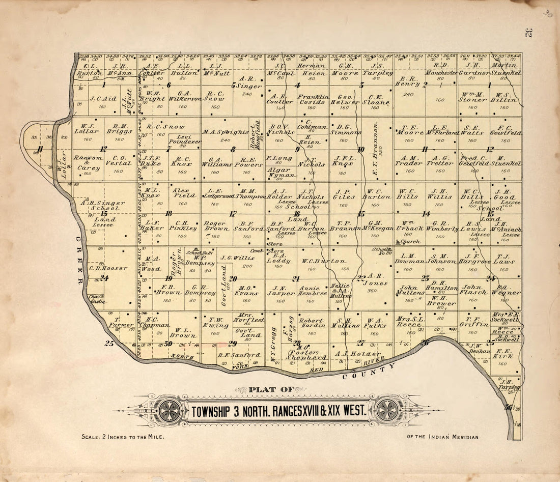 This old map of Township 3 North Range XVIII and XIX West from Plat Book of Kiowa County, Oklahoma from 1913 was created by W. (William) Wangersheim in 1913