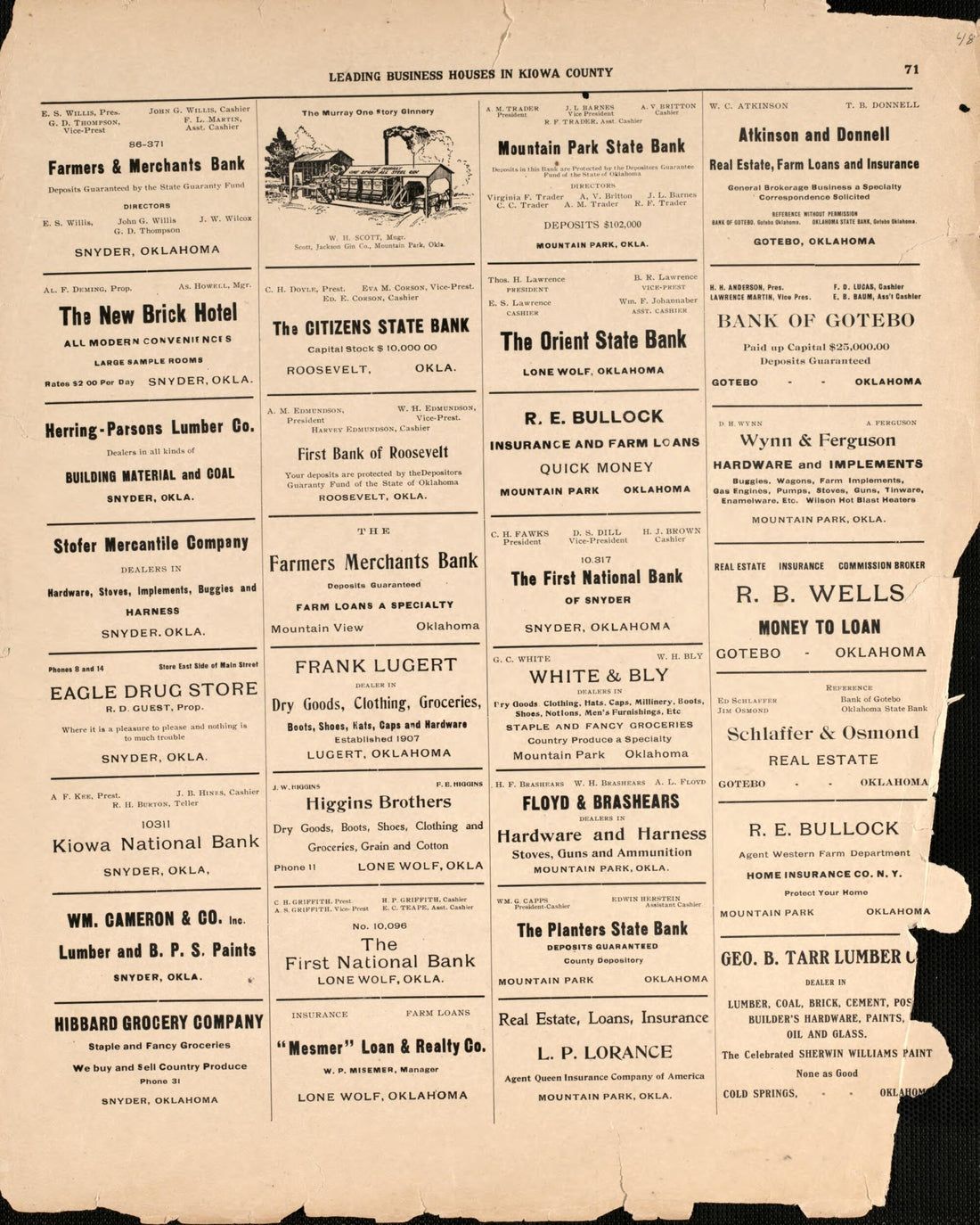 This old map of Leading Business Houses In Kiowa County from Plat Book of Kiowa County, Oklahoma from 1913 was created by W. (William) Wangersheim in 1913