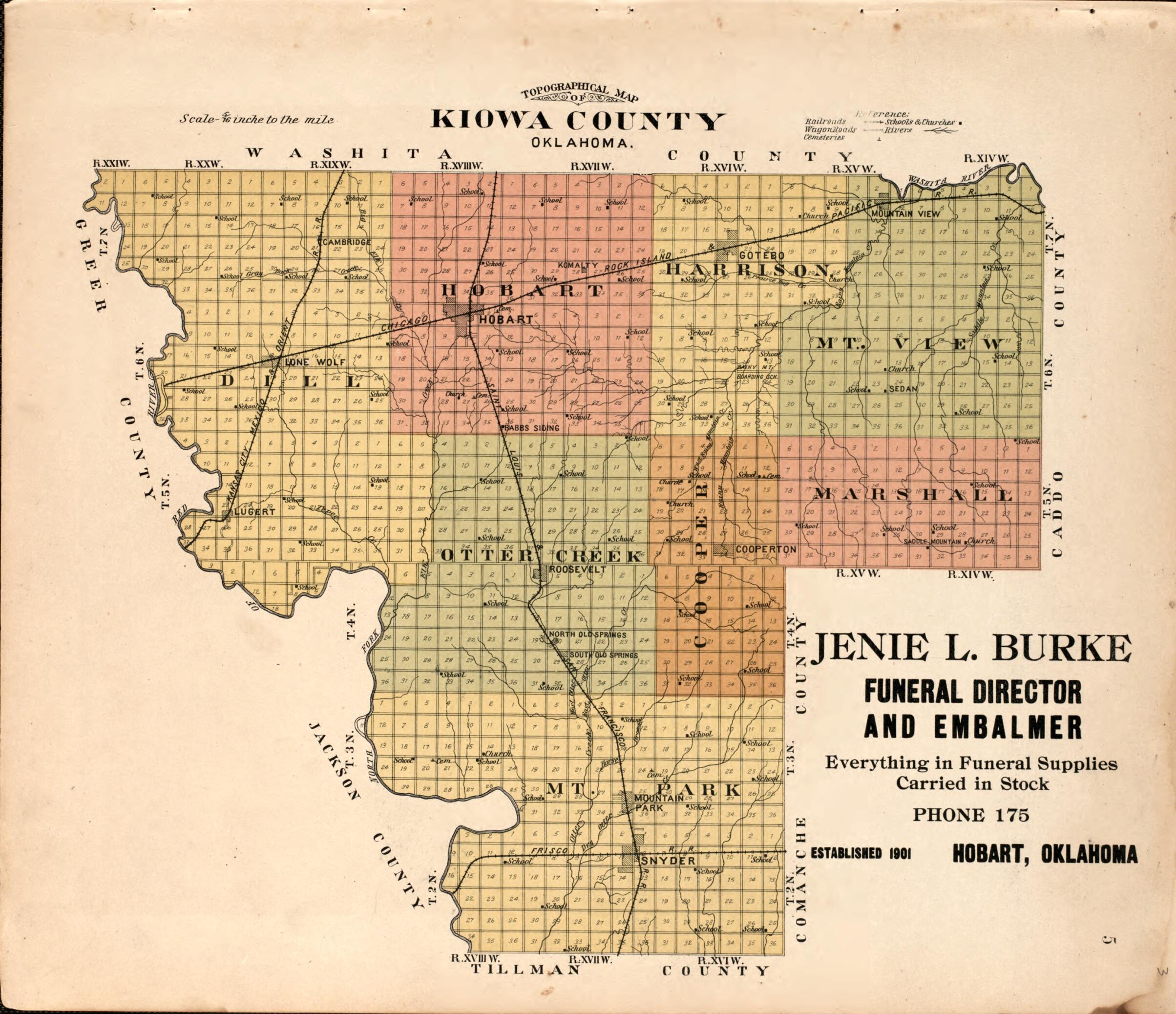 This old map of Kiowa County/ Jenie Burke from Plat Book of Kiowa County, Oklahoma from 1913 was created by W. (William) Wangersheim in 1913