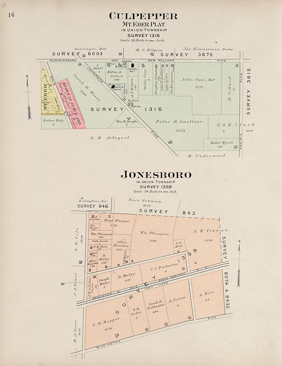 This old map of Culpepper, Mt. Eber Plat In Union Township; Jonesboro, In Union Township from Plat Book of Fayette County, Ohio from 1913 was created by Albert Volk in 1913