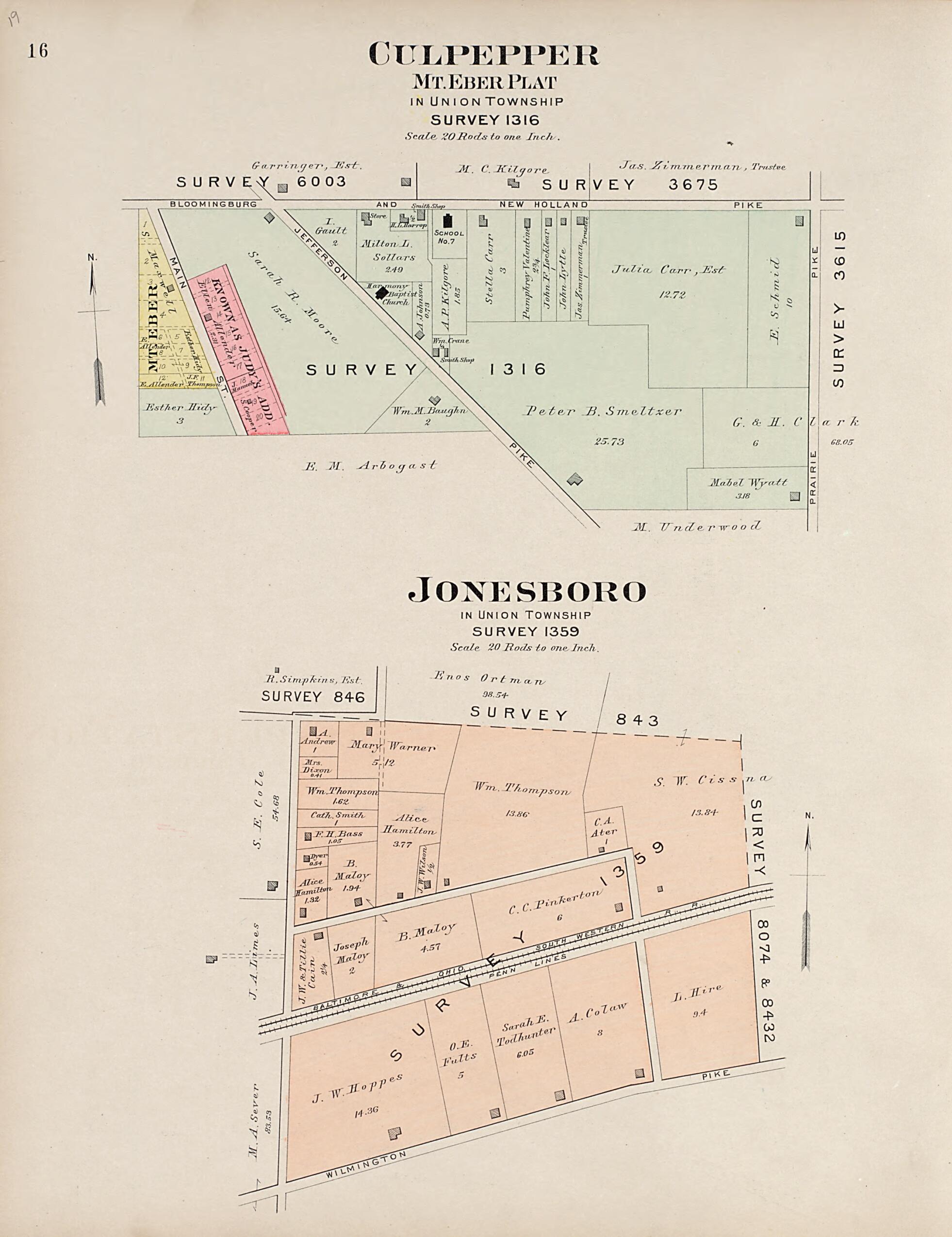 This old map of Culpepper, Mt. Eber Plat In Union Township; Jonesboro, In Union Township from Plat Book of Fayette County, Ohio from 1913 was created by Albert Volk in 1913