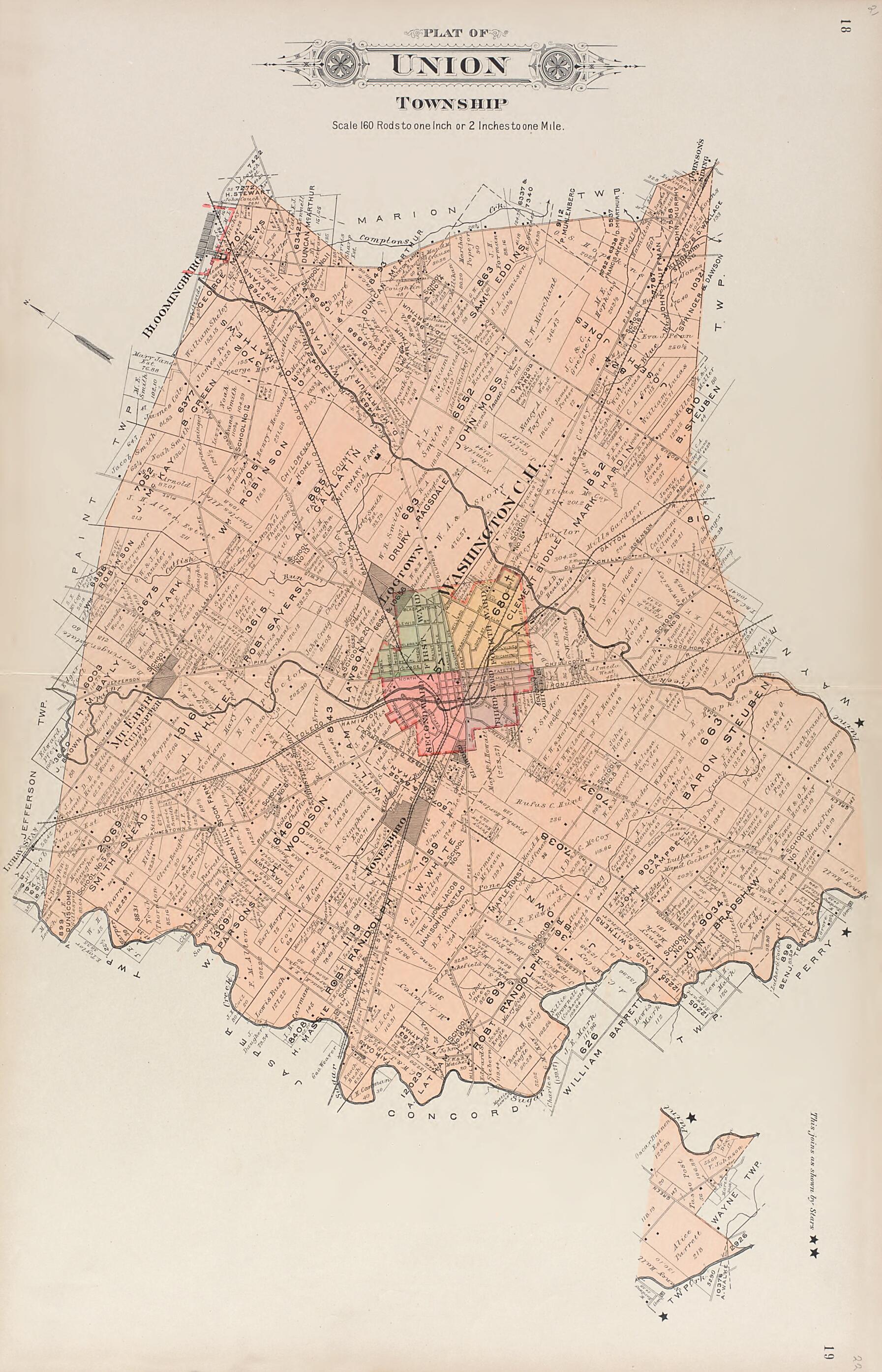 This old map of Union Township from Plat Book of Fayette County, Ohio from 1913 was created by Albert Volk in 1913