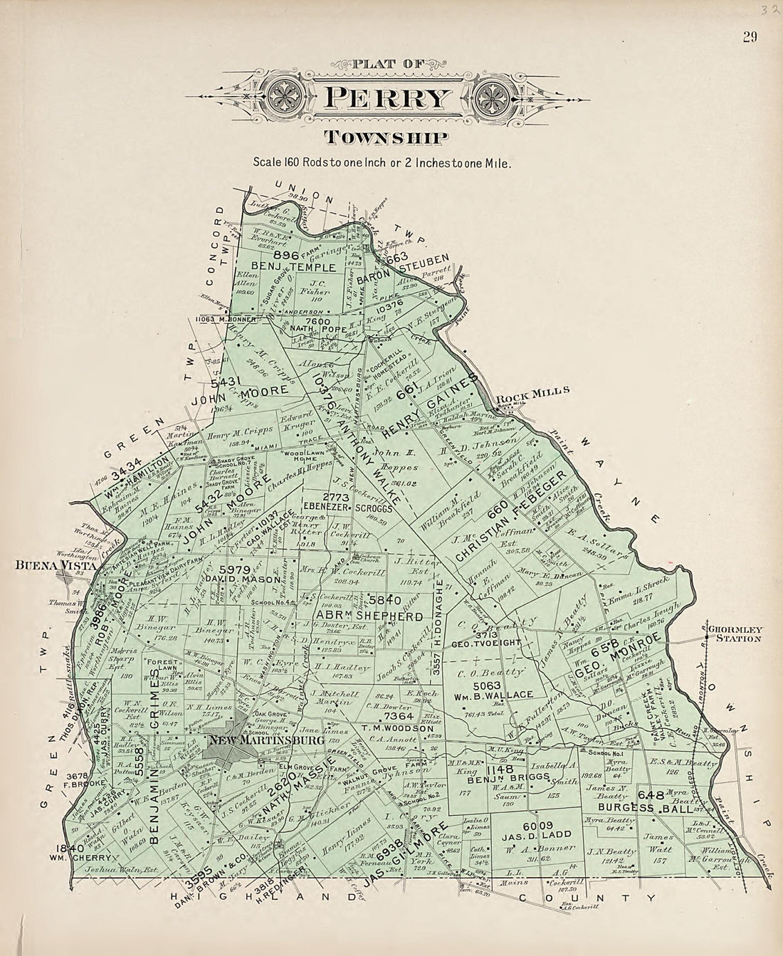 This old map of Perry Township from Plat Book of Fayette County, Ohio from 1913 was created by Albert Volk in 1913