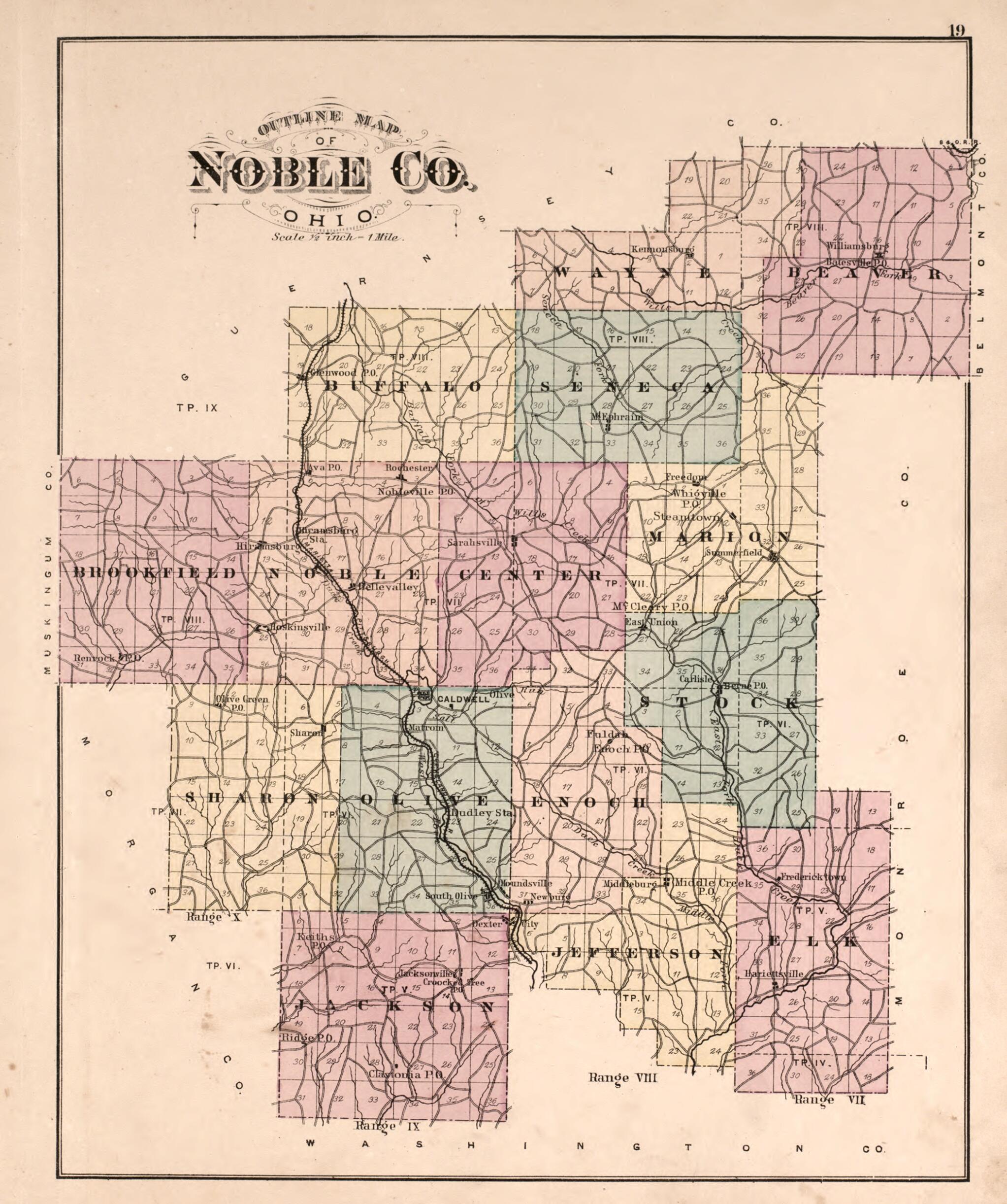 This old map of Outline Map of Noble County from Centennial Atlas of Noble County, Ohio from 1876 was created by Worley & Bracher in 1876