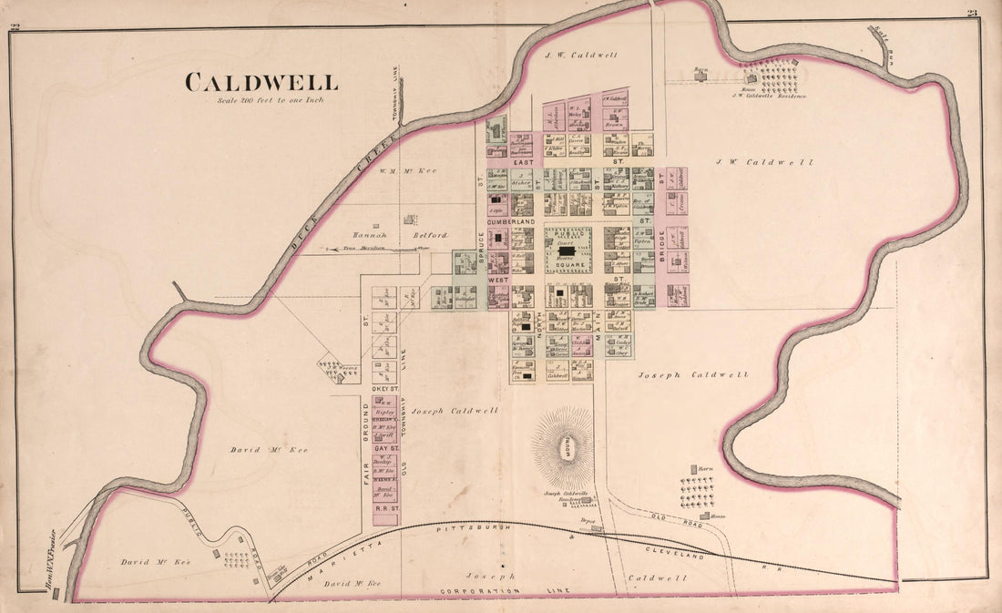This old map of Caldwell from Centennial Atlas of Noble County, Ohio from 1876 was created by Worley & Bracher in 1876
