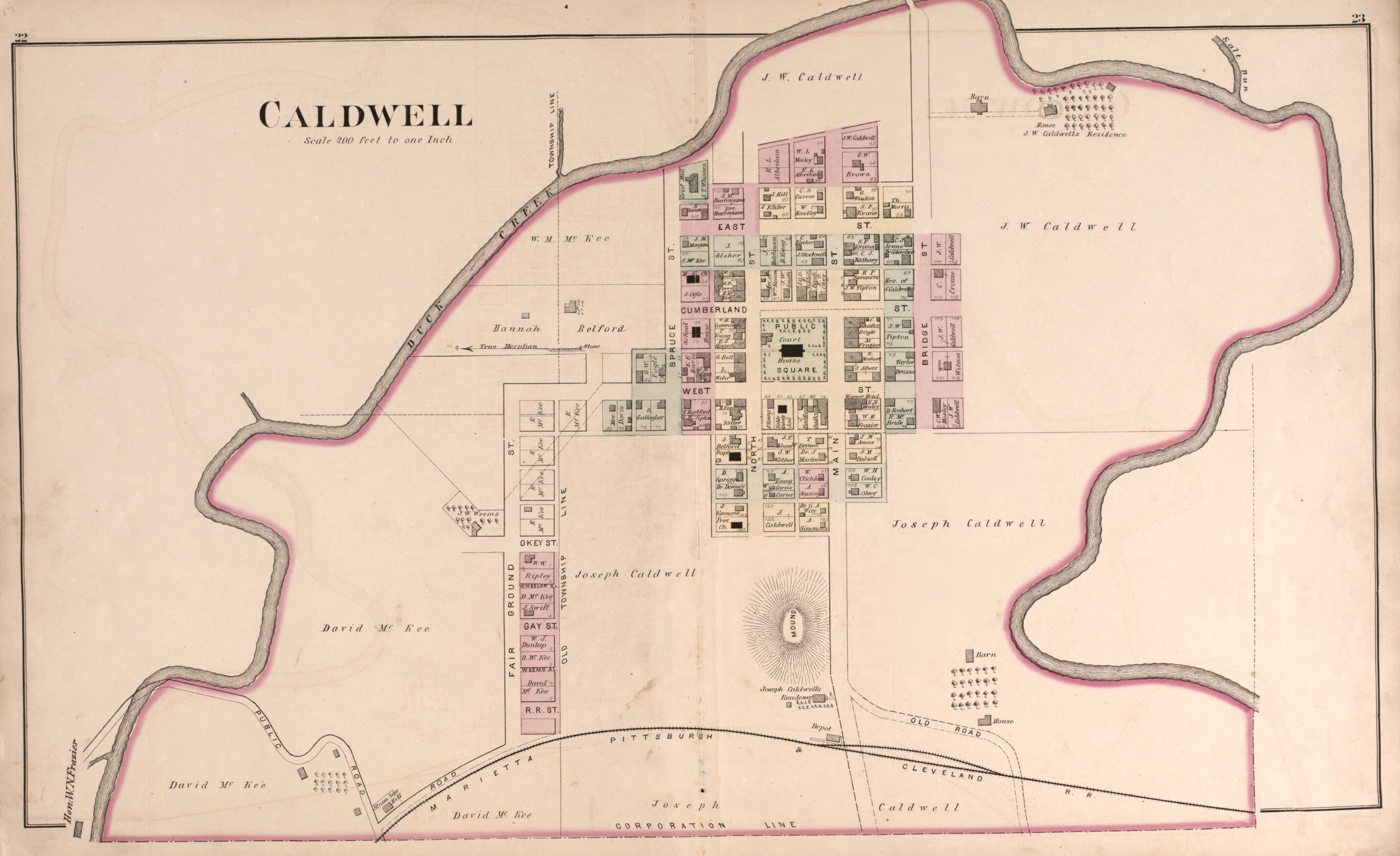 This old map of Caldwell from Centennial Atlas of Noble County, Ohio from 1876 was created by Worley & Bracher in 1876