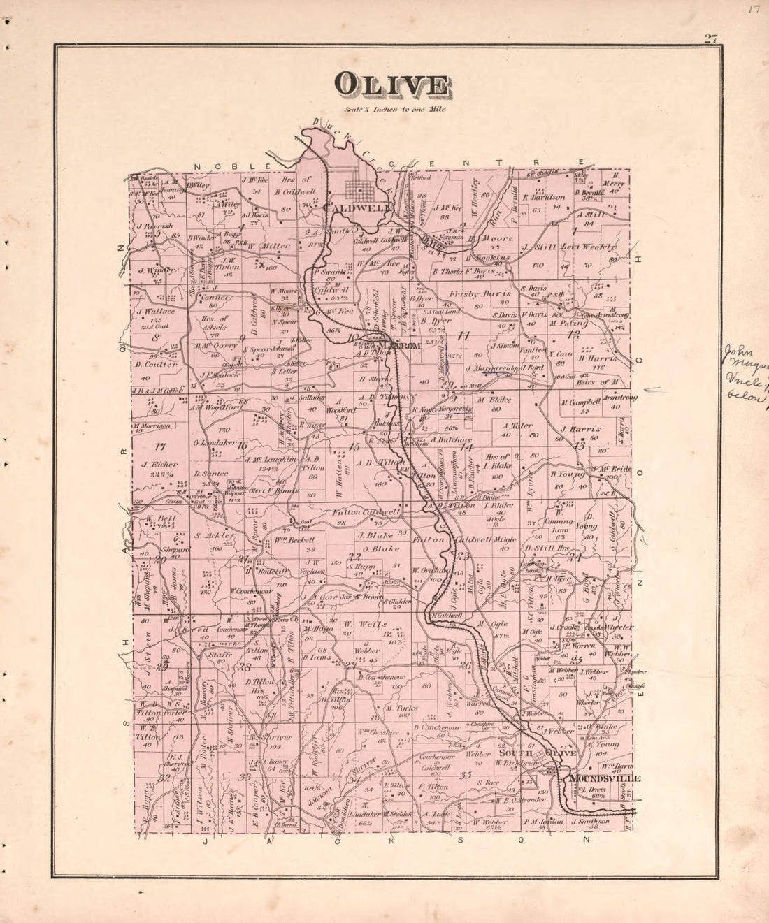 This old map of Olive from Centennial Atlas of Noble County, Ohio from 1876 was created by Worley & Bracher in 1876