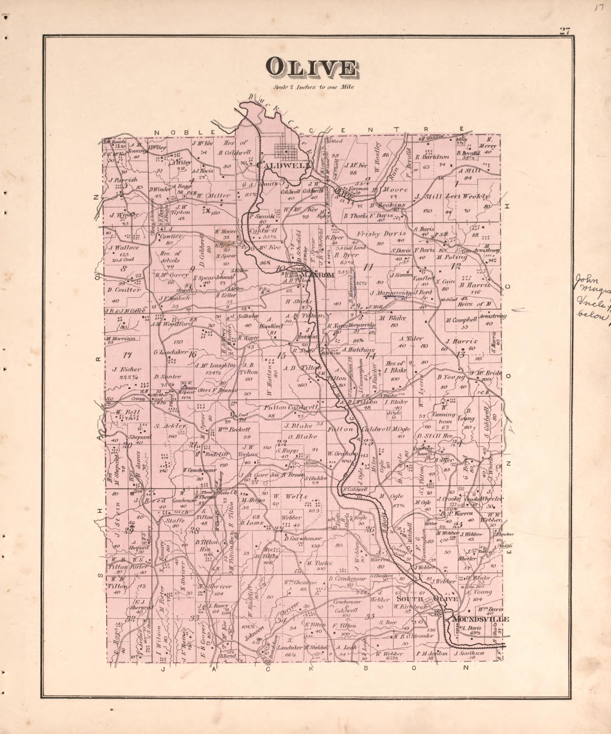 This old map of Olive from Centennial Atlas of Noble County, Ohio from 1876 was created by Worley & Bracher in 1876