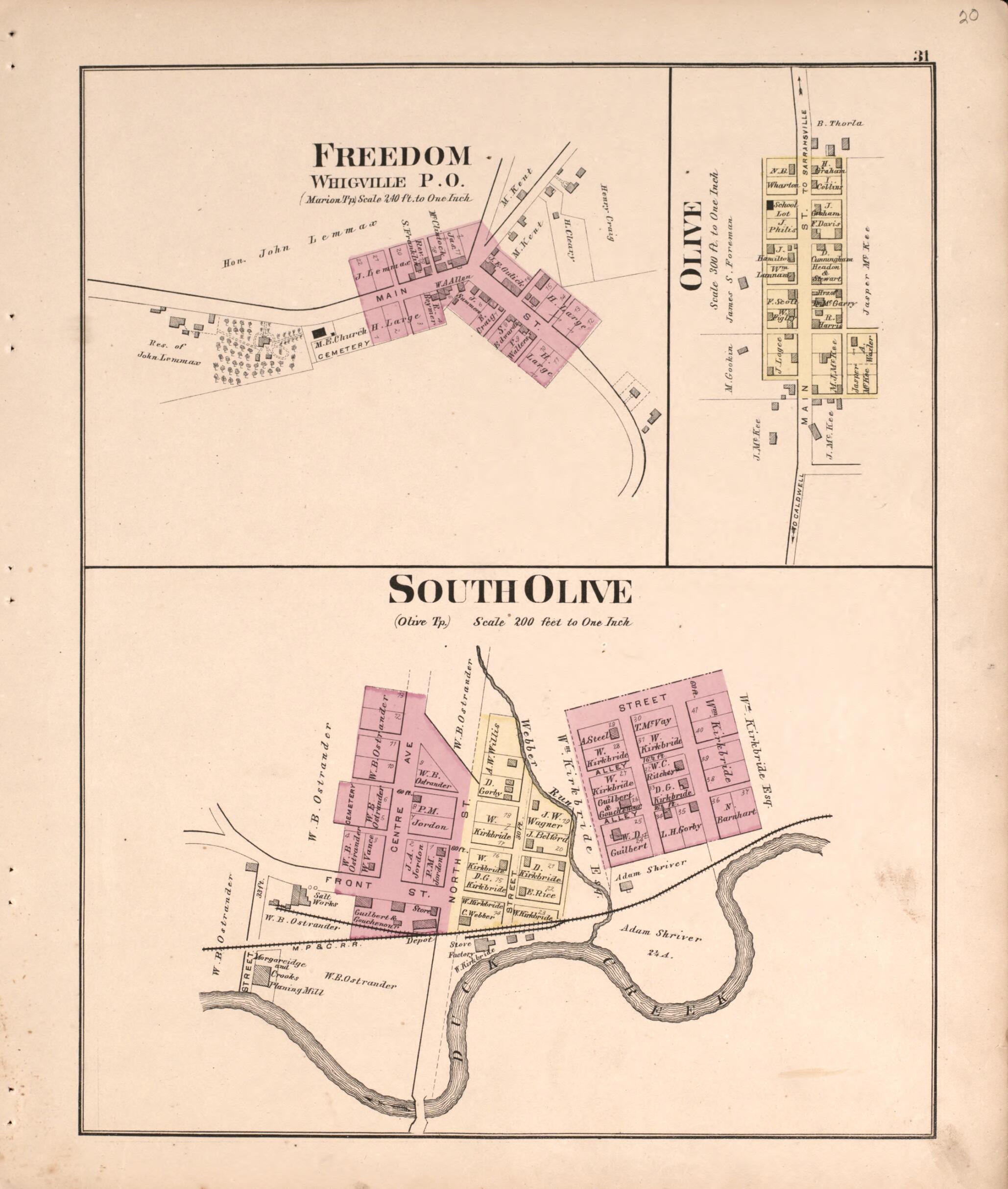 This old map of Freedom and Olive from Centennial Atlas of Noble County, Ohio from 1876 was created by Worley & Bracher in 1876