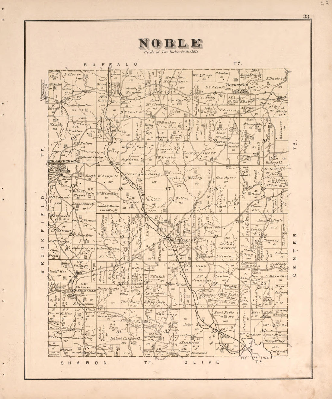 This old map of Hiramsburg, Rochester, Hoskinsville from Centennial Atlas of Noble County, Ohio from 1876 was created by Worley & Bracher in 1876