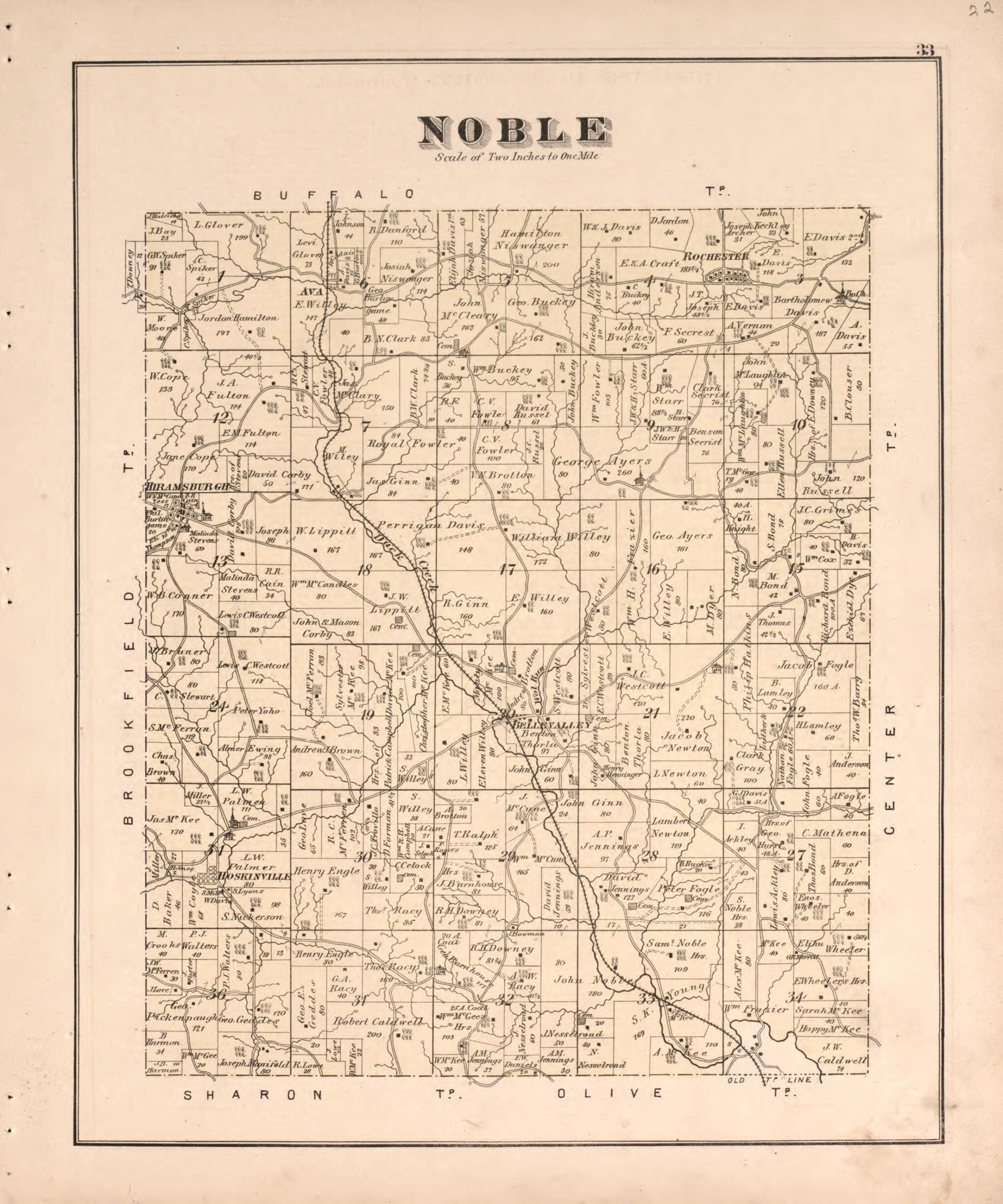 This old map of Hiramsburg, Rochester, Hoskinsville from Centennial Atlas of Noble County, Ohio from 1876 was created by Worley & Bracher in 1876