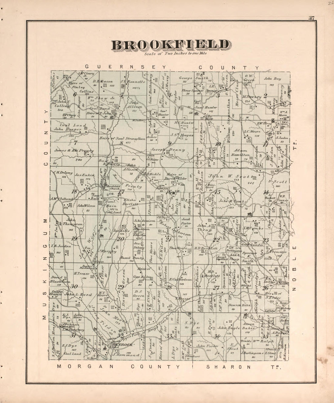 This old map of Brookfield from Centennial Atlas of Noble County, Ohio from 1876 was created by Worley & Bracher in 1876