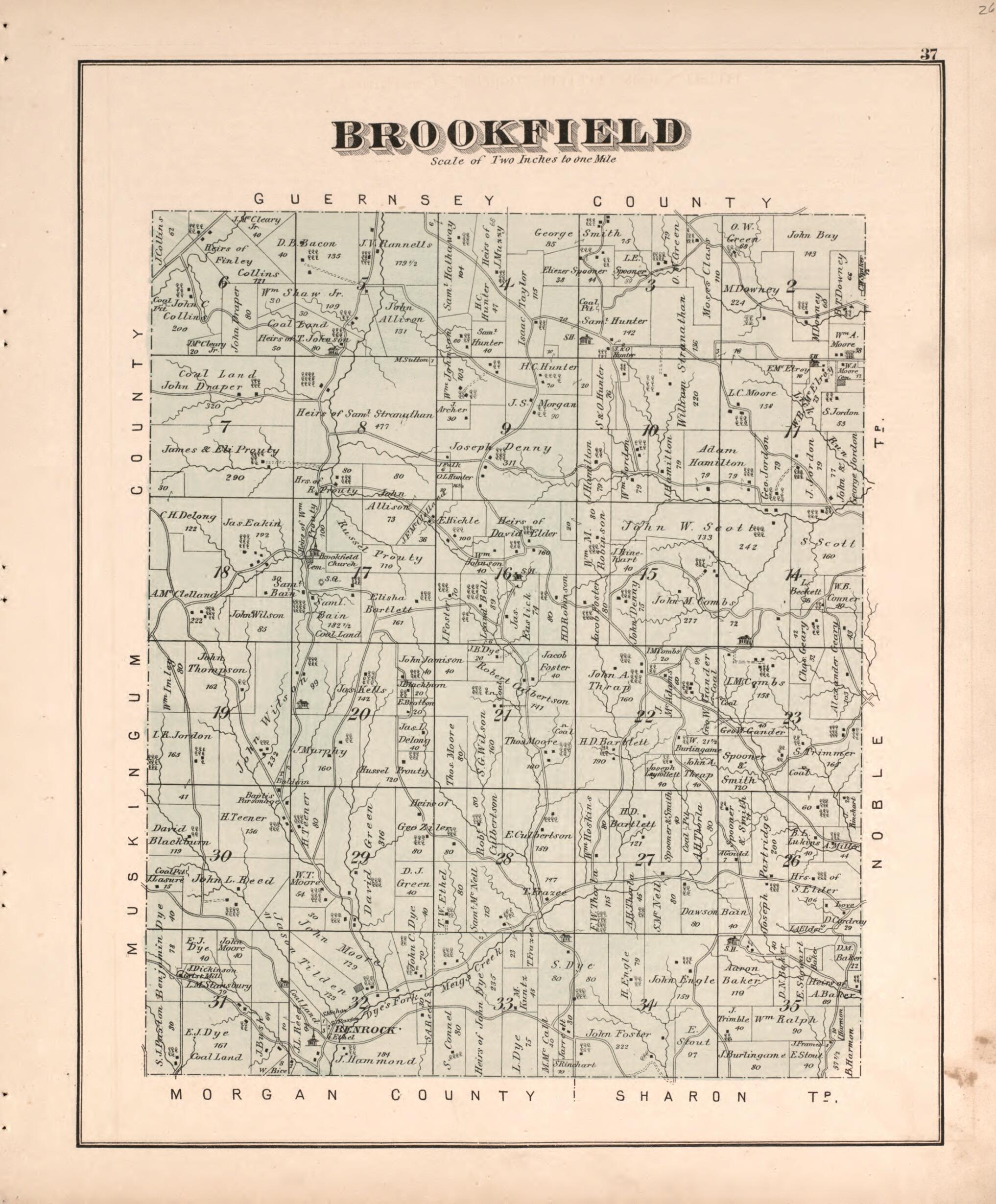 This old map of Brookfield from Centennial Atlas of Noble County, Ohio from 1876 was created by Worley & Bracher in 1876