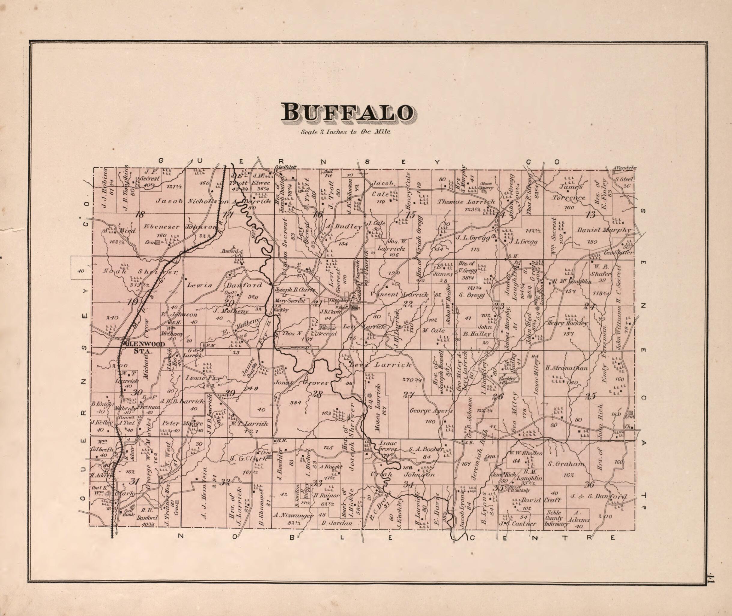 This old map of Buffalo from Centennial Atlas of Noble County, Ohio from 1876 was created by Worley & Bracher in 1876