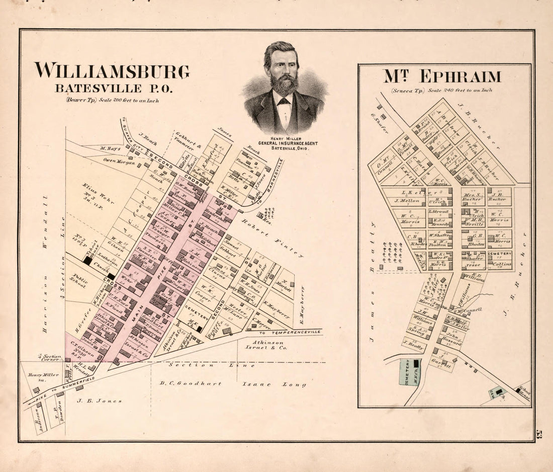 This old map of Williamsburg from Centennial Atlas of Noble County, Ohio from 1876 was created by Worley & Bracher in 1876
