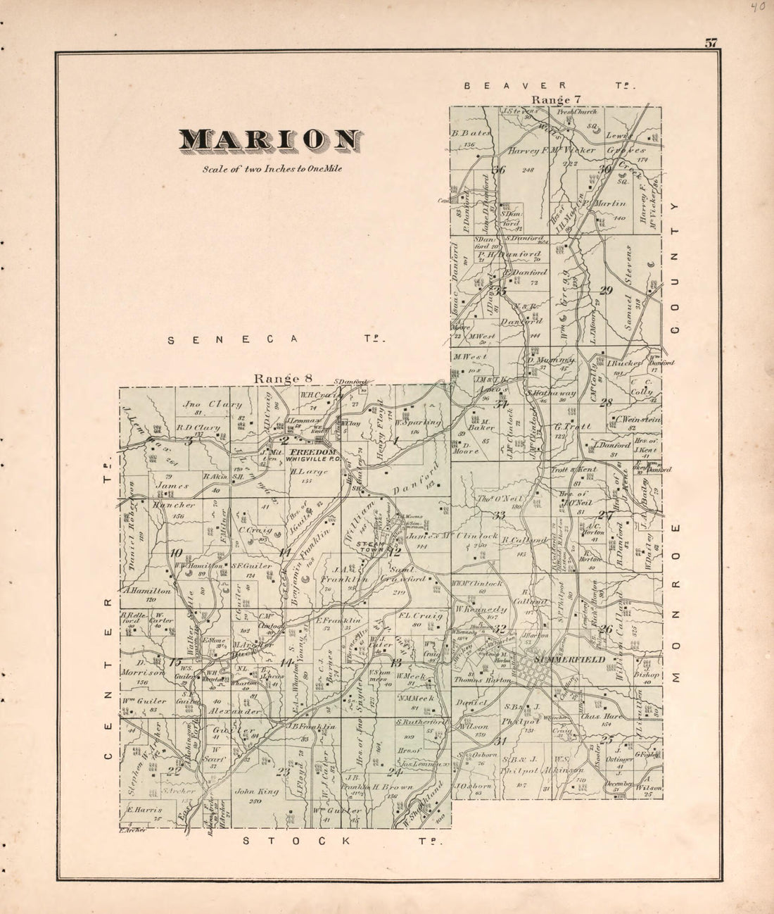 This old map of Marion from Centennial Atlas of Noble County, Ohio from 1876 was created by Worley & Bracher in 1876