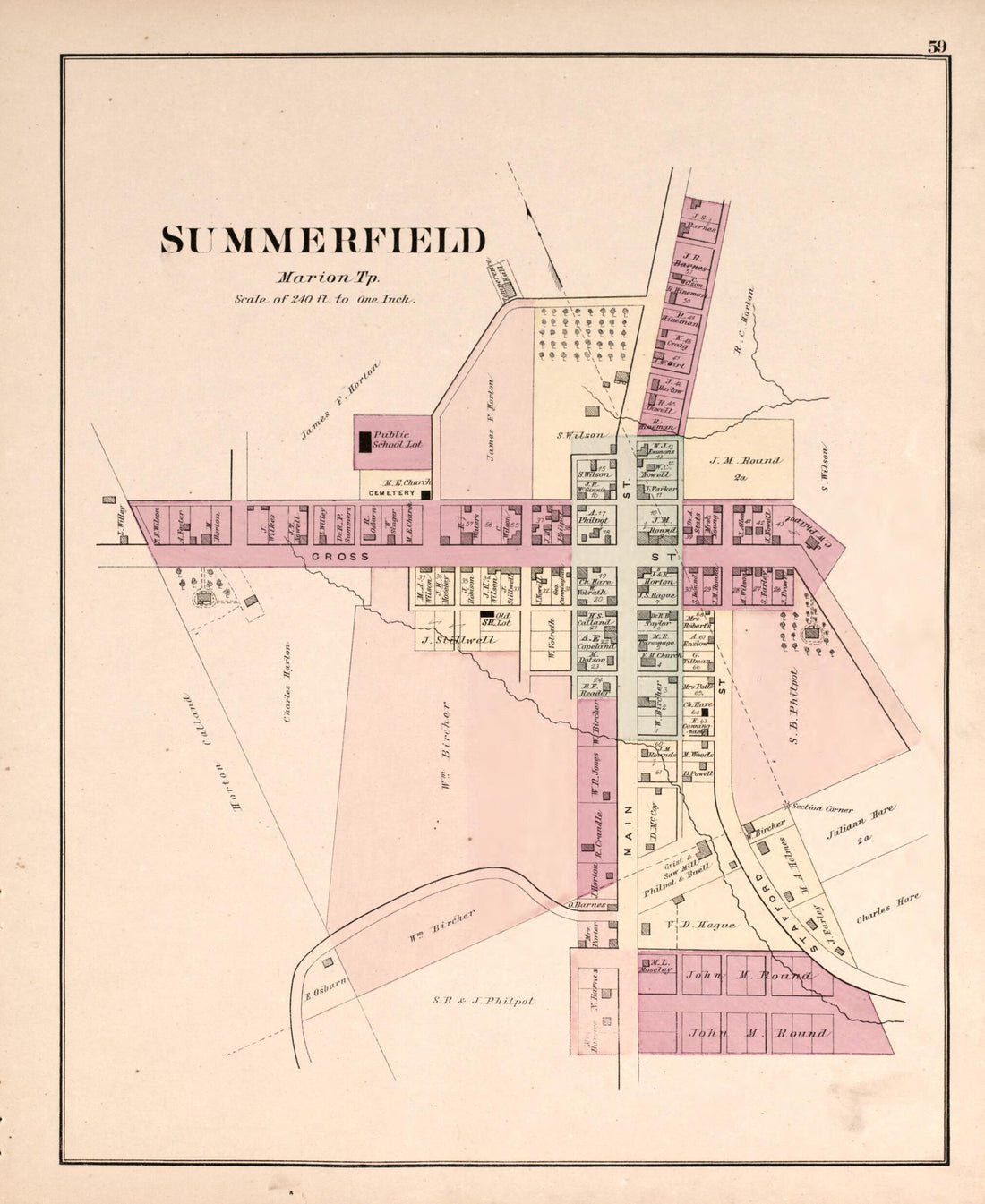 This old map of Summerfield from Centennial Atlas of Noble County, Ohio from 1876 was created by Worley & Bracher in 1876