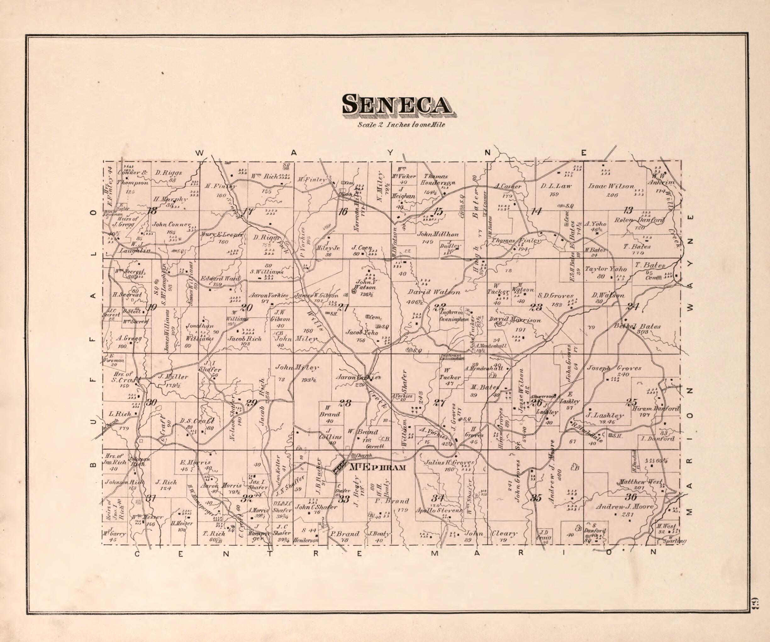 This old map of Seneca from Centennial Atlas of Noble County, Ohio from 1876 was created by Worley & Bracher in 1876