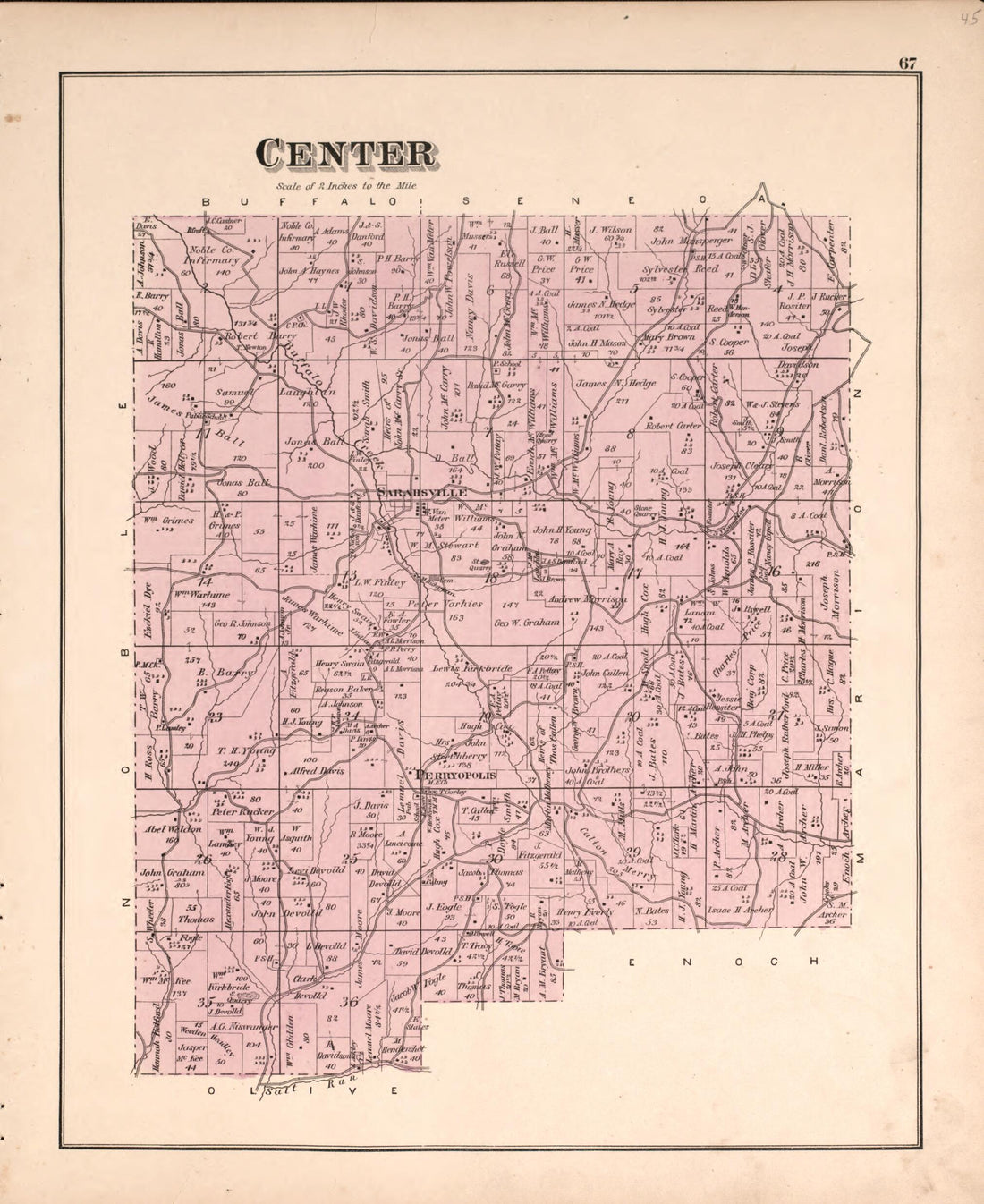 This old map of Center from Centennial Atlas of Noble County, Ohio from 1876 was created by Worley & Bracher in 1876