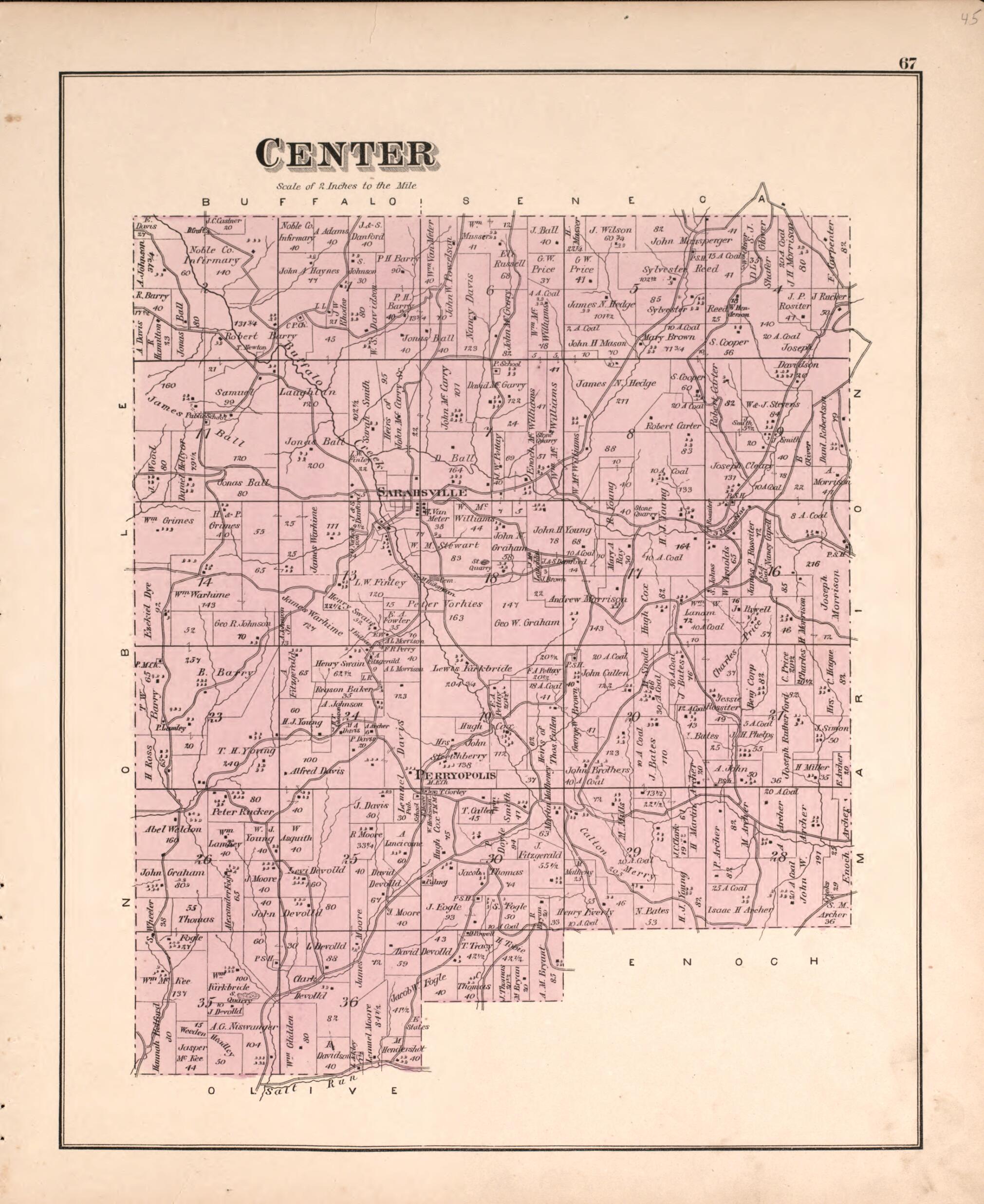 This old map of Center from Centennial Atlas of Noble County, Ohio from 1876 was created by Worley & Bracher in 1876