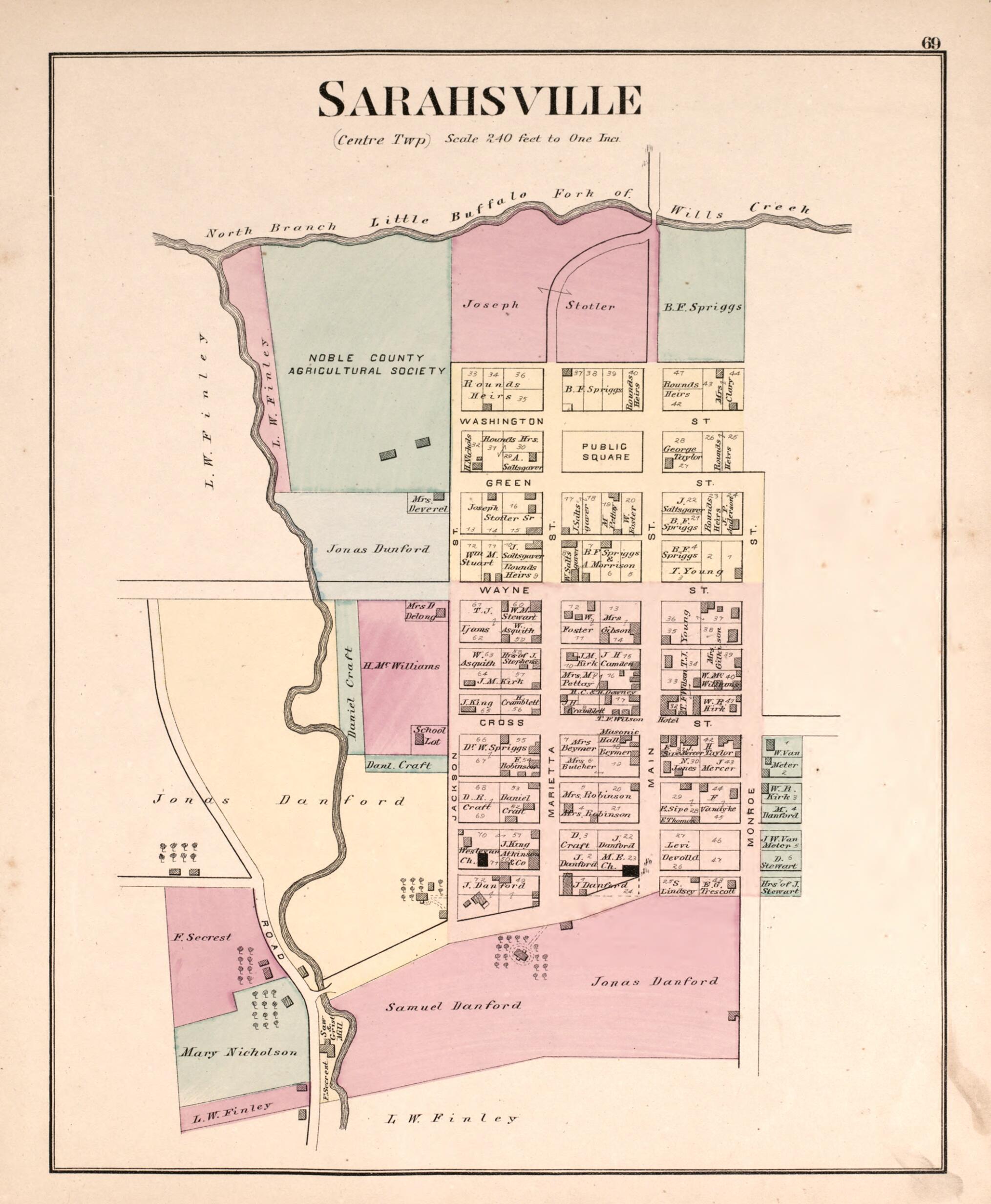 This old map of Sarahsville from Centennial Atlas of Noble County, Ohio from 1876 was created by Worley & Bracher in 1876