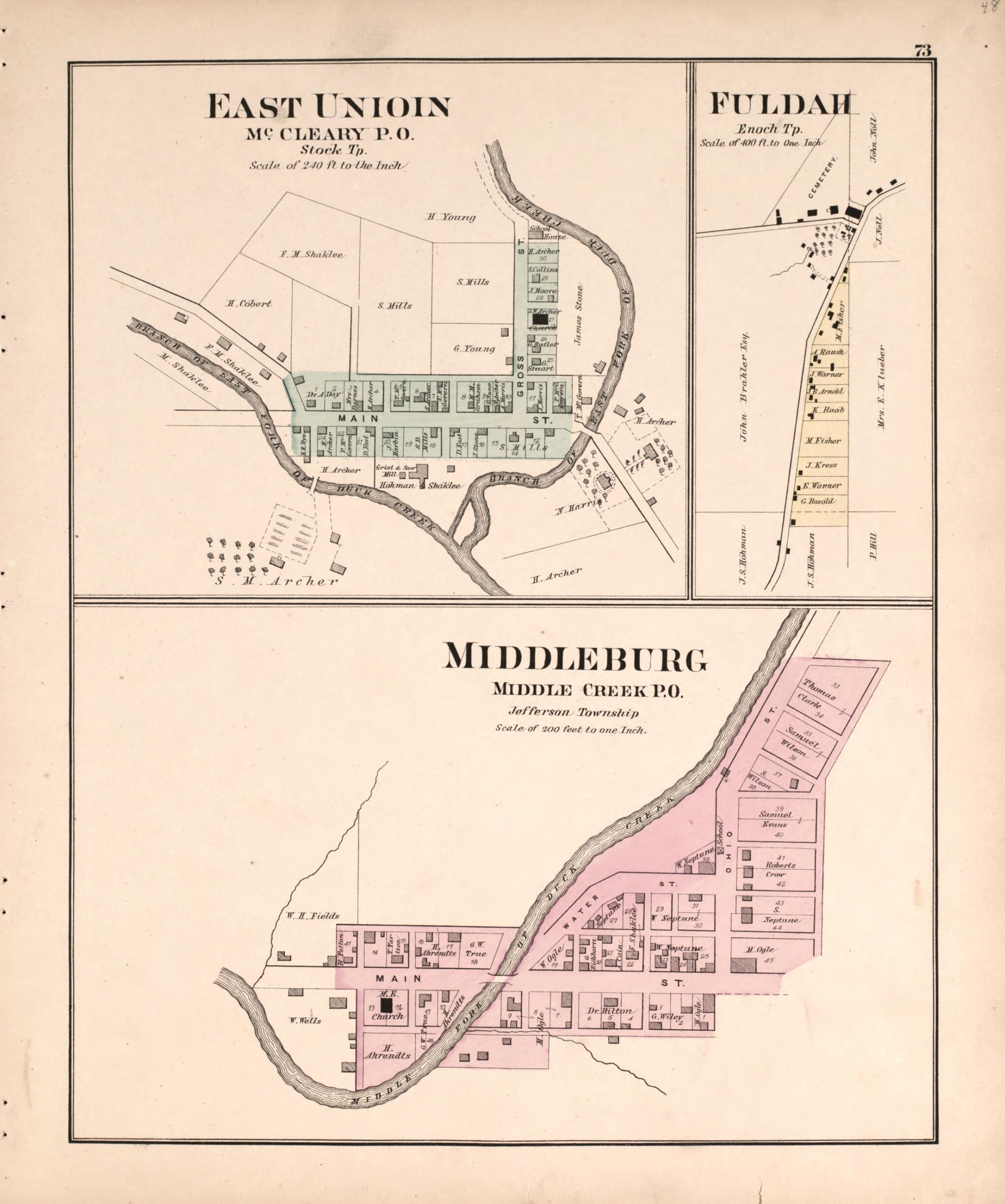 This old map of Middleburg and Union from Centennial Atlas of Noble County, Ohio from 1876 was created by Worley & Bracher in 1876