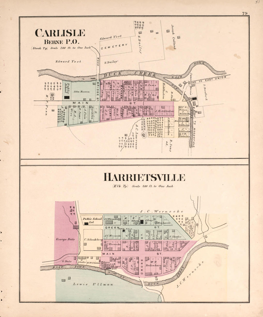 This old map of Carlisle and Harrietsville from Centennial Atlas of Noble County, Ohio from 1876 was created by Worley & Bracher in 1876