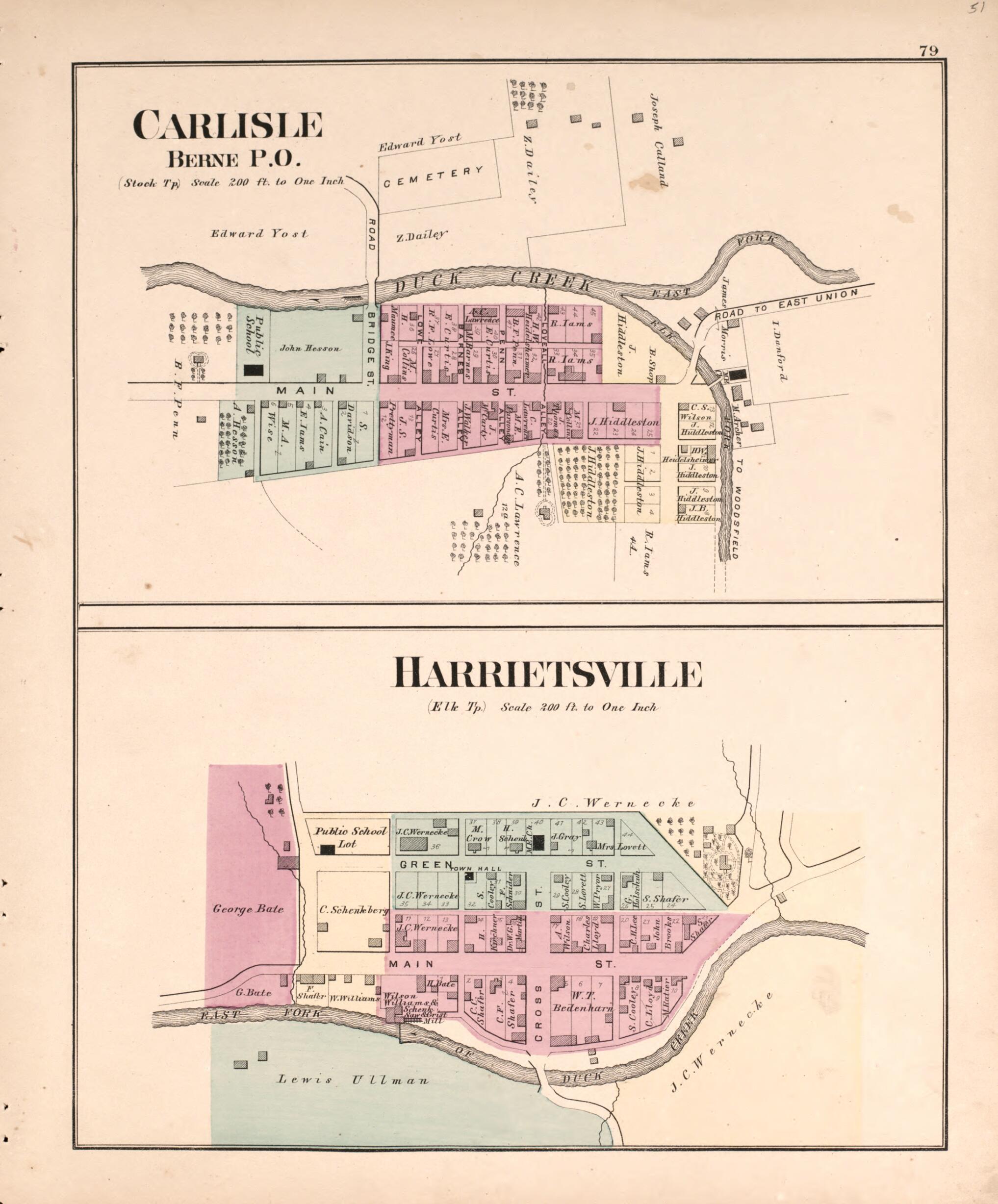 This old map of Carlisle and Harrietsville from Centennial Atlas of Noble County, Ohio from 1876 was created by Worley & Bracher in 1876