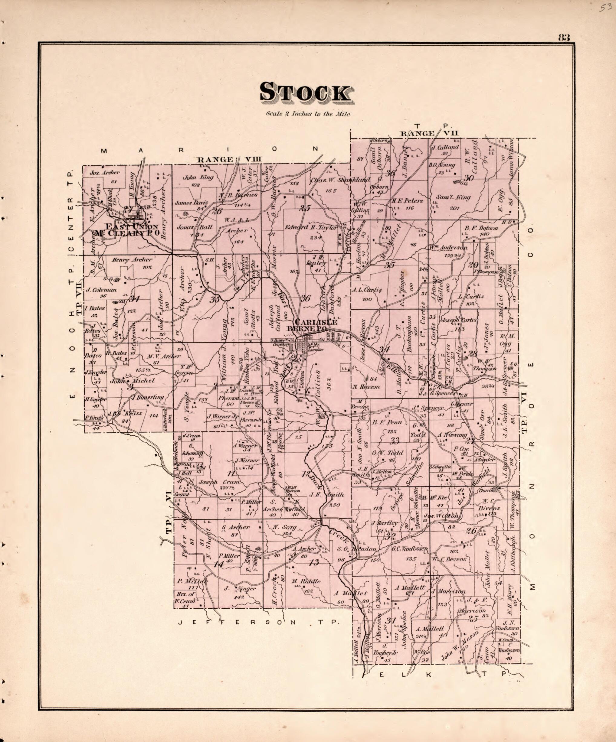 This old map of Stock from Centennial Atlas of Noble County, Ohio from 1876 was created by Worley & Bracher in 1876