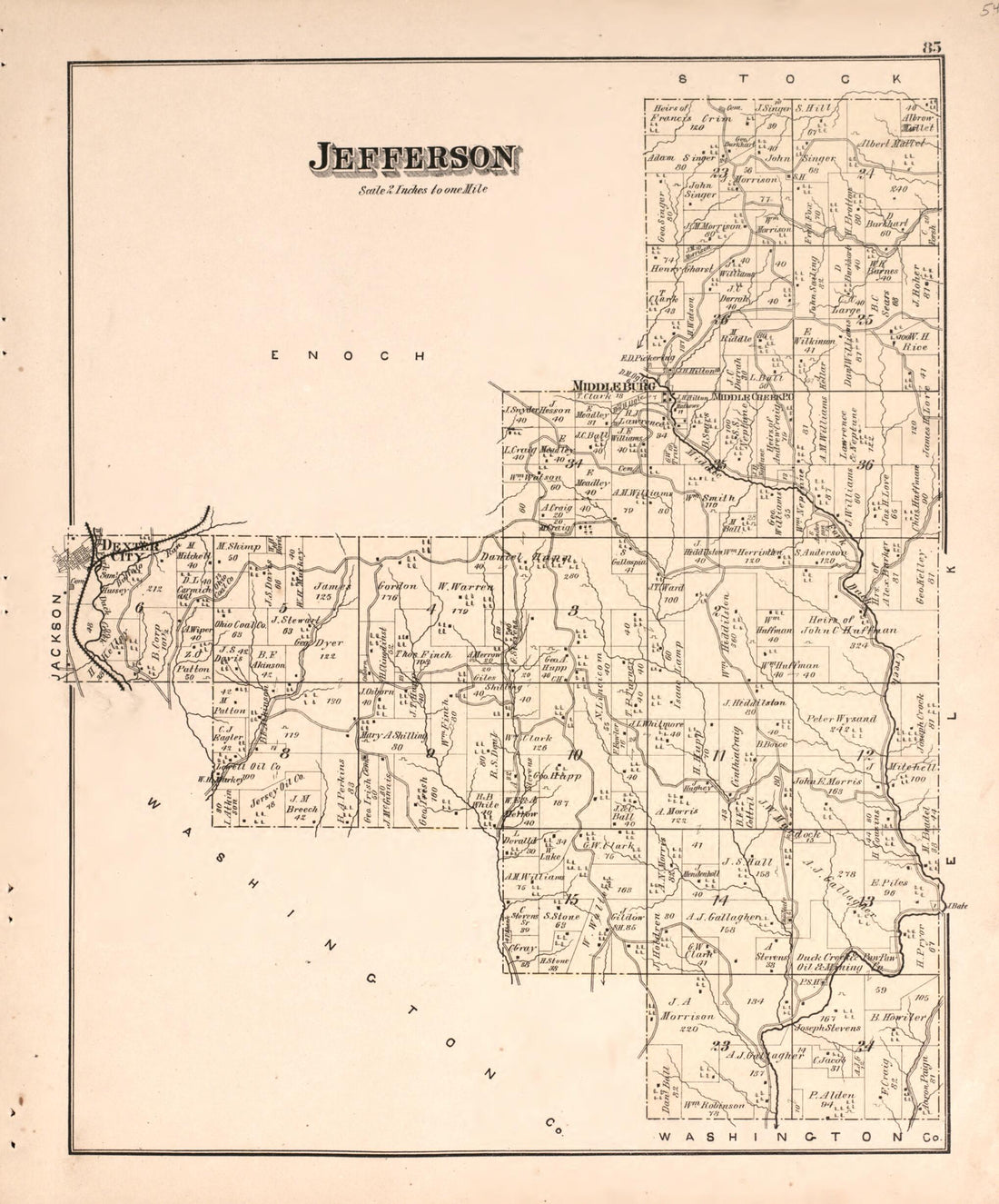 This old map of Jefferson from Centennial Atlas of Noble County, Ohio from 1876 was created by Worley & Bracher in 1876