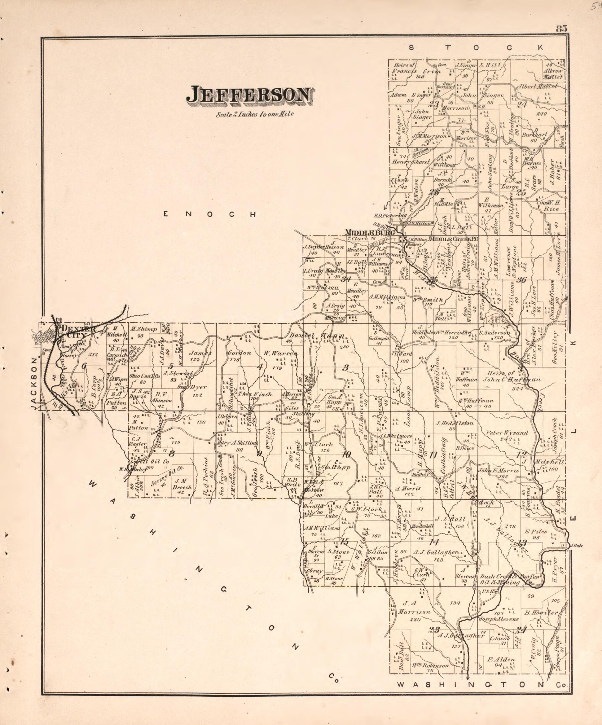 This old map of Jefferson from Centennial Atlas of Noble County, Ohio from 1876 was created by Worley & Bracher in 1876