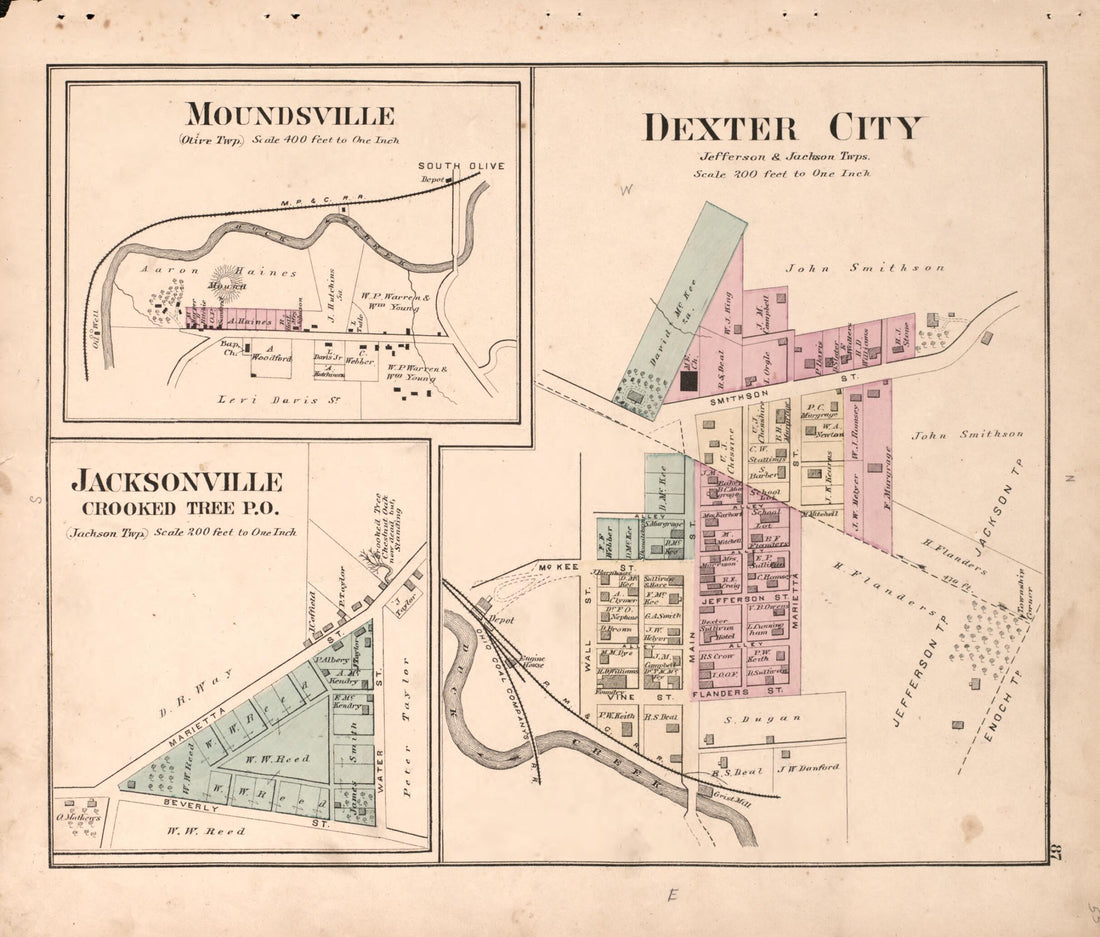 This old map of Dexter City / Moundsville from Centennial Atlas of Noble County, Ohio from 1876 was created by Worley & Bracher in 1876