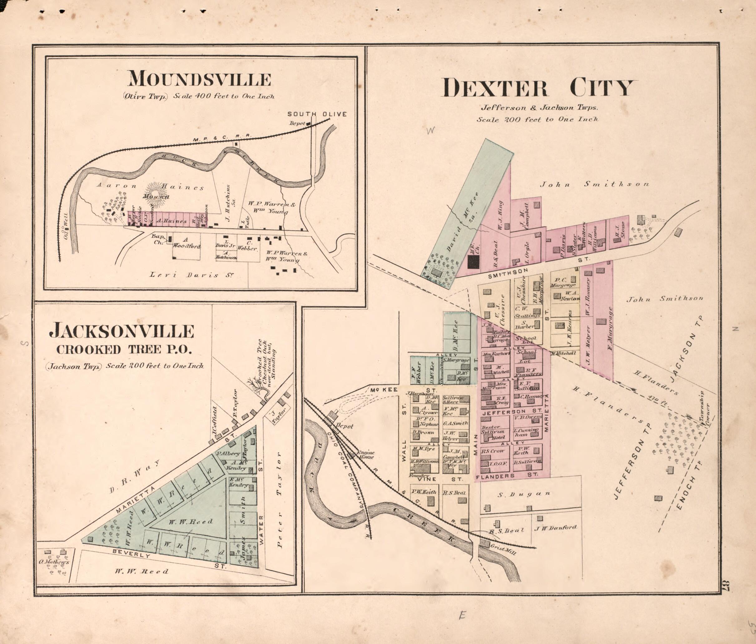 This old map of Dexter City / Moundsville from Centennial Atlas of Noble County, Ohio from 1876 was created by Worley & Bracher in 1876