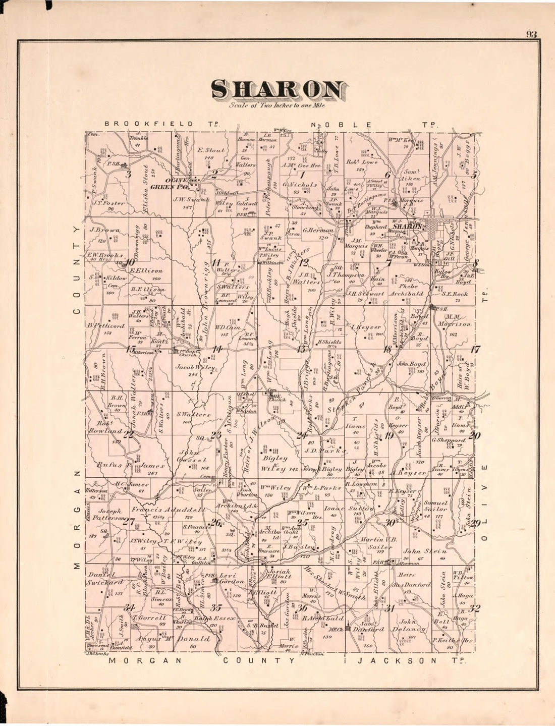This old map of Sharon from Centennial Atlas of Noble County, Ohio from 1876 was created by Worley & Bracher in 1876