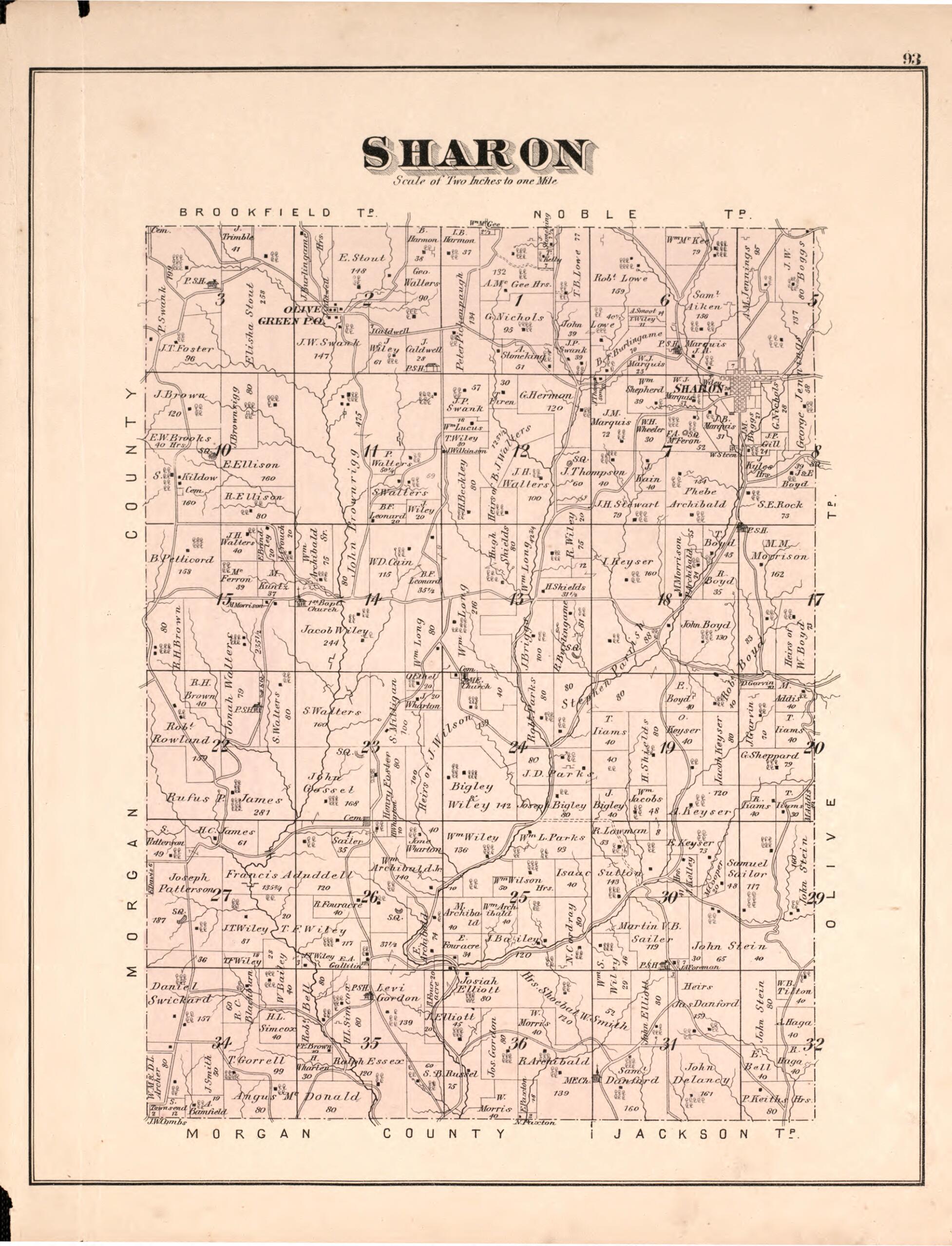 This old map of Sharon from Centennial Atlas of Noble County, Ohio from 1876 was created by Worley & Bracher in 1876