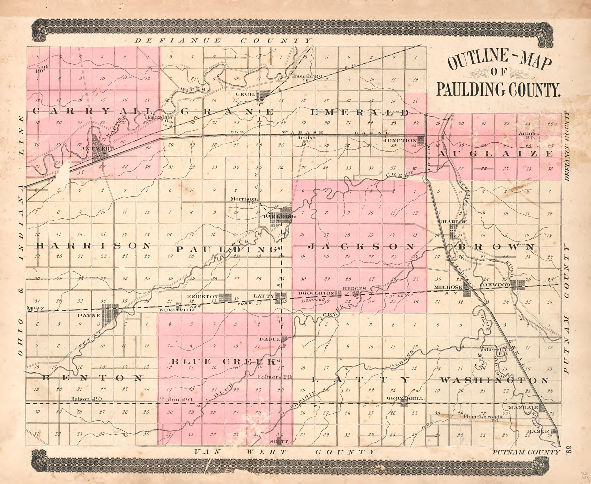 This old map of Outline Map of Paulding County from Historical Atlas of Paulding County, Ohio, Illustrated from 1892 was created by O. (Oliver) Morrow in 1892